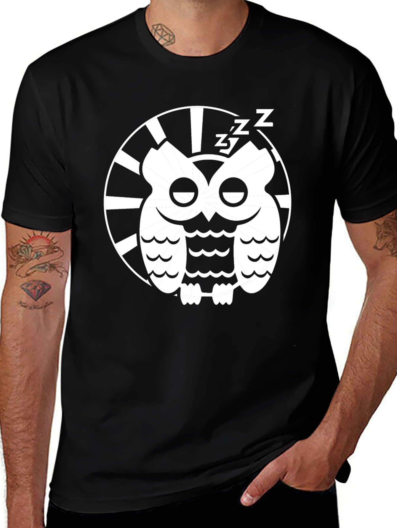 Sleepy Owl Graphic Tee - Black Cotton T-Shirt