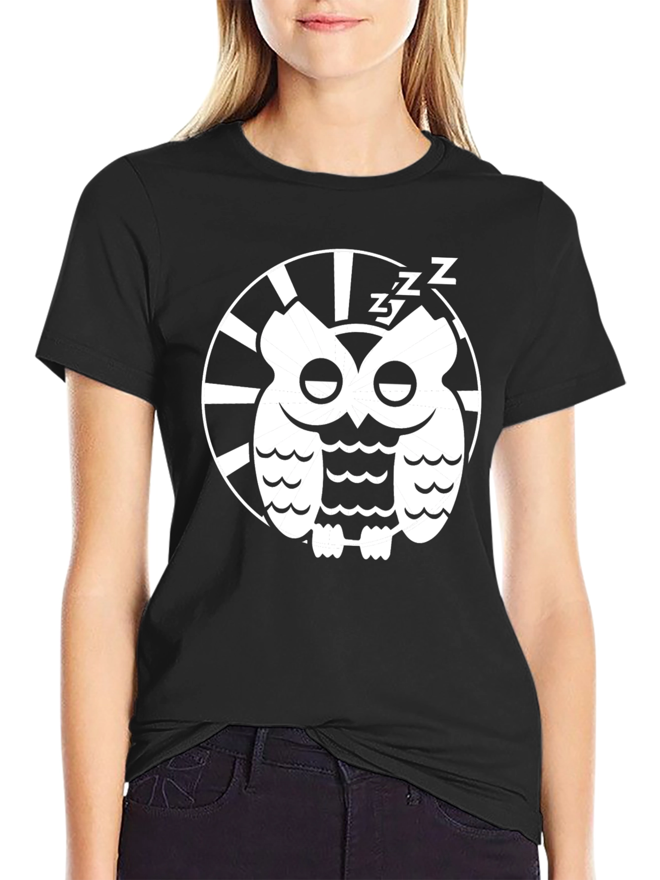 Sleepy Owl Graphic Tee - Black Cotton T-Shirt