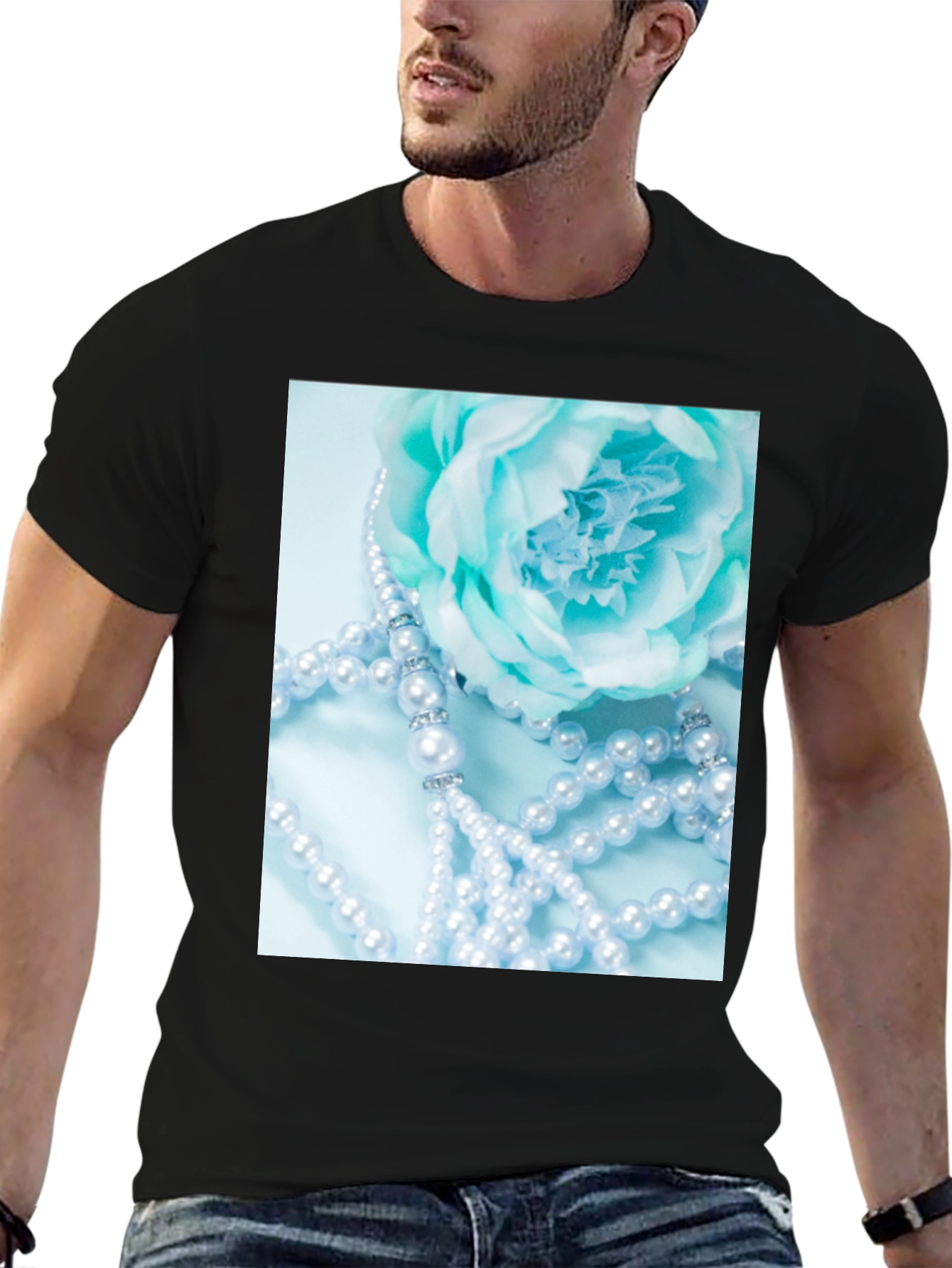 Elegant Floral Pearl T-Shirt - Black
