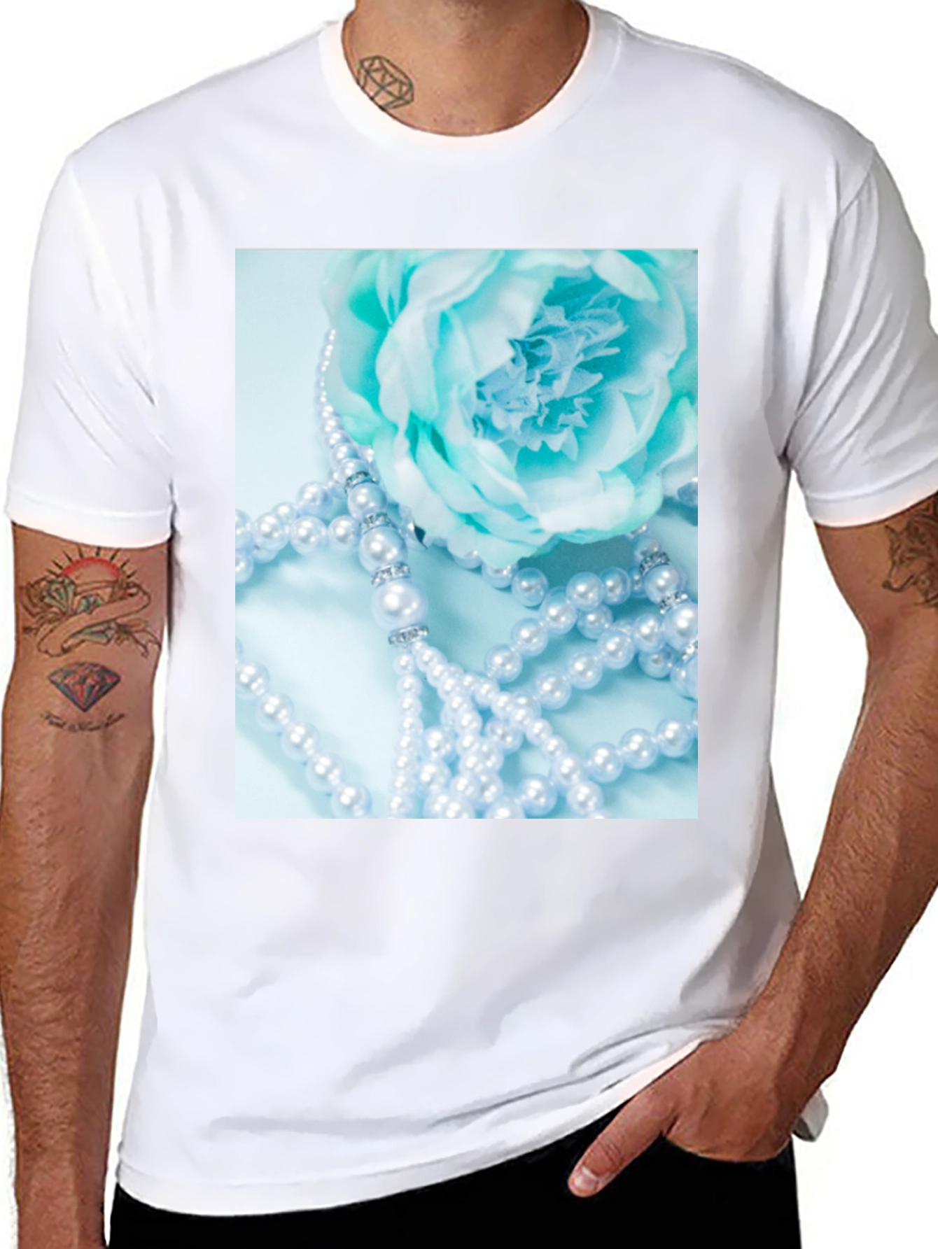 Elegant Floral Pearl T-Shirt - Black