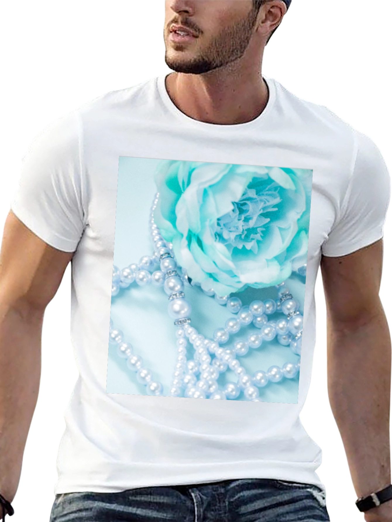 Elegant Floral Pearl T-Shirt - Black