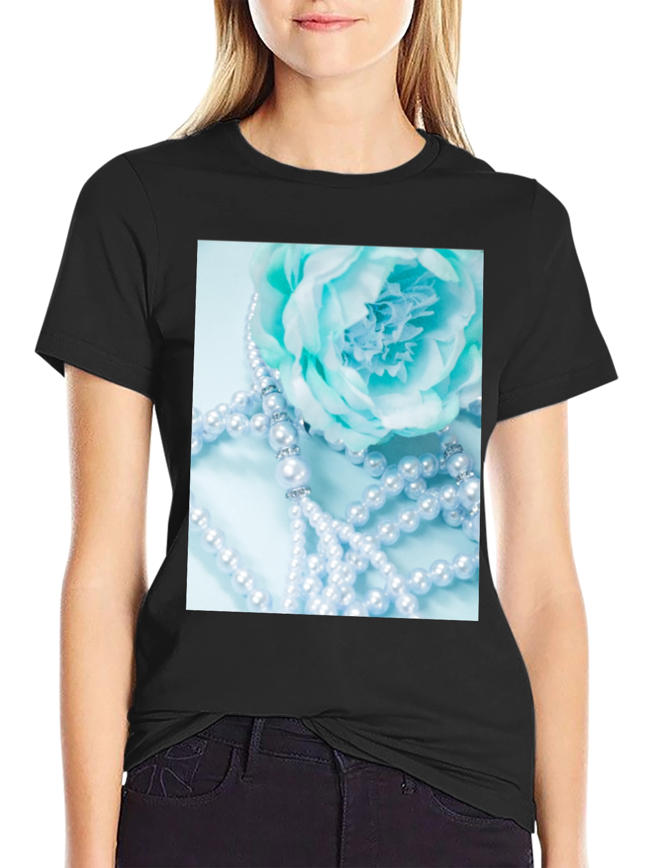 Elegant Floral Pearl T-Shirt - Black