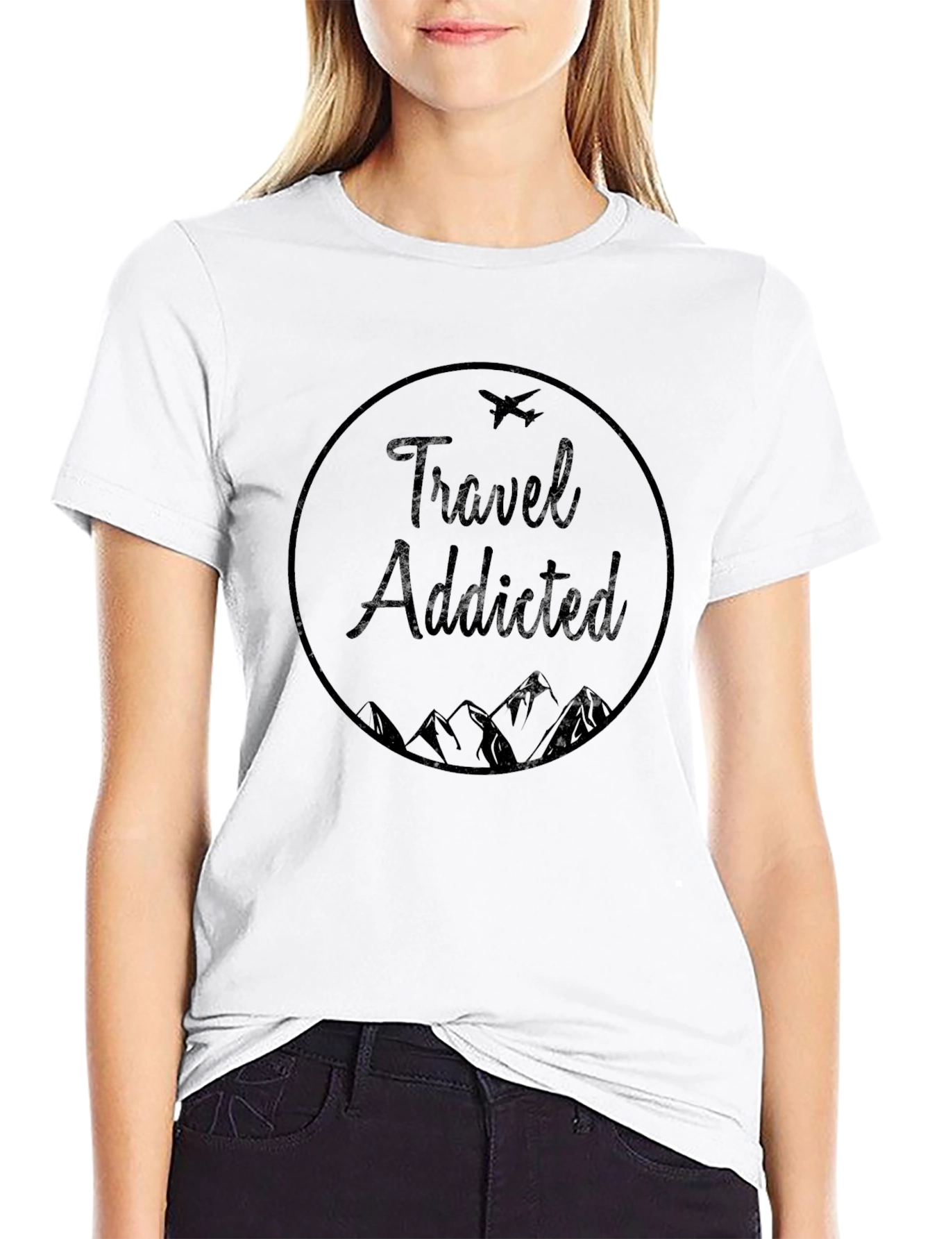 Travel Addicted Graphic Tee - Black Crew Neck