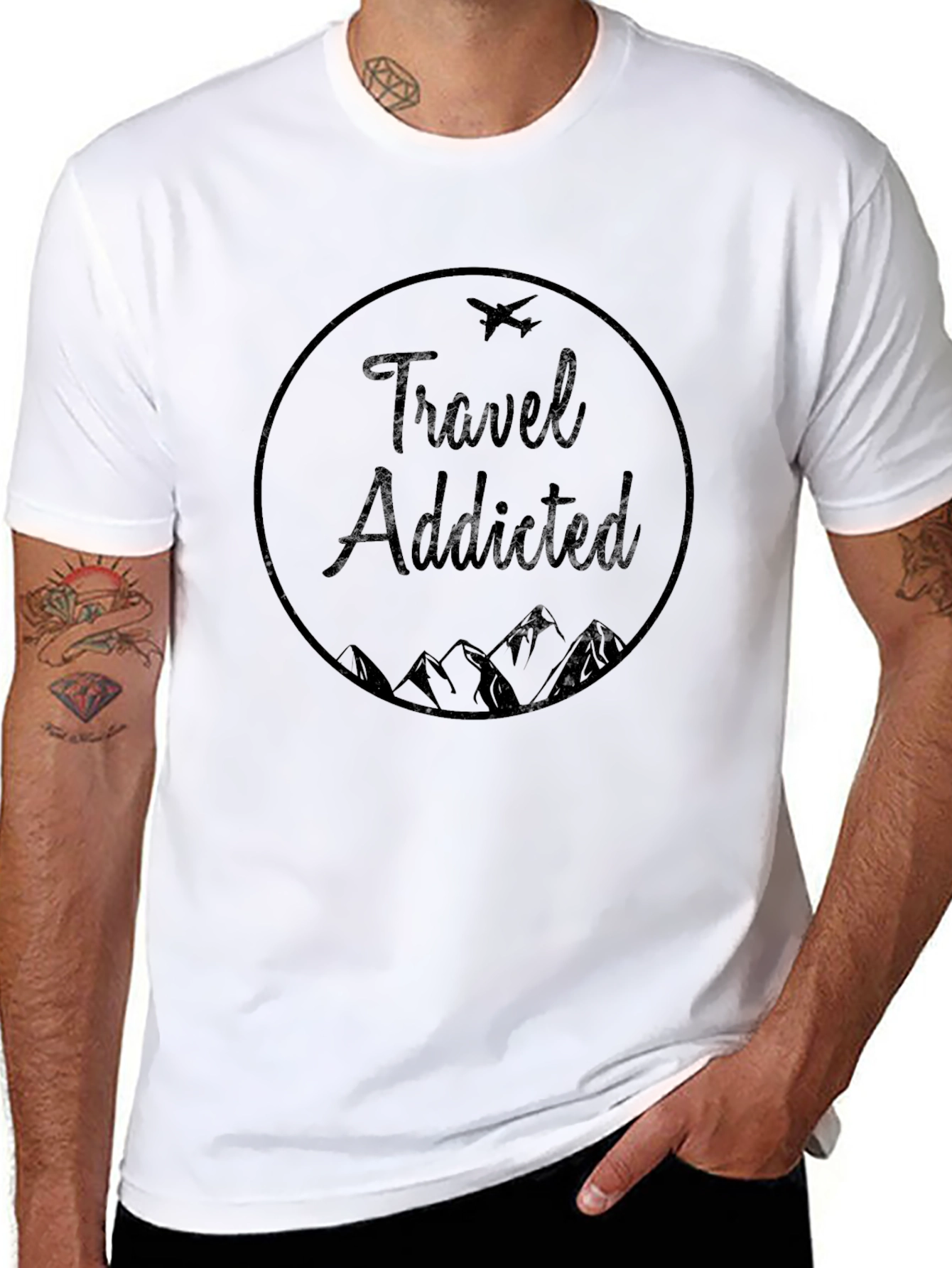 Travel Addicted Graphic Tee - Black Crew Neck