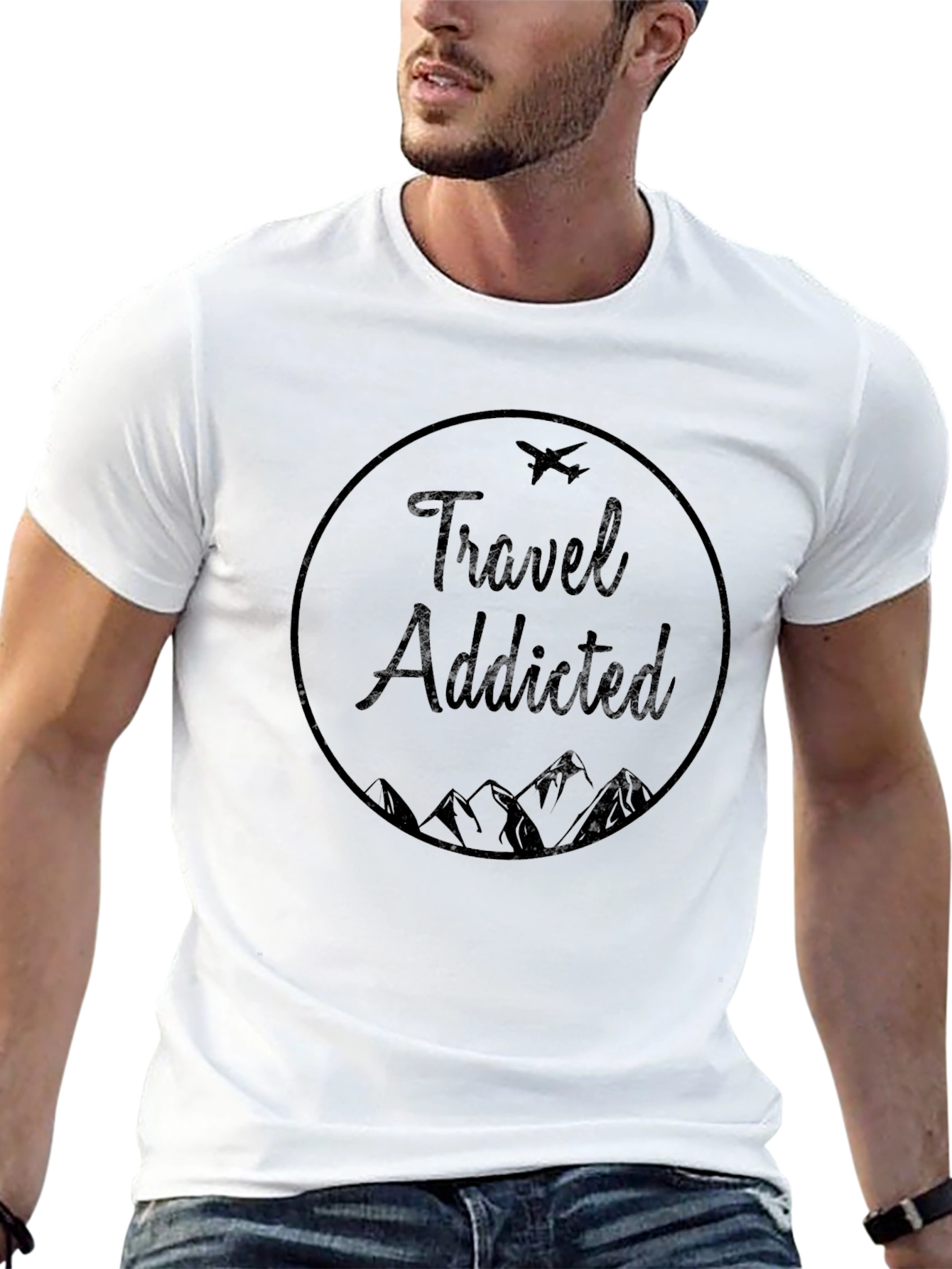 Travel Addicted Graphic Tee - Black Crew Neck