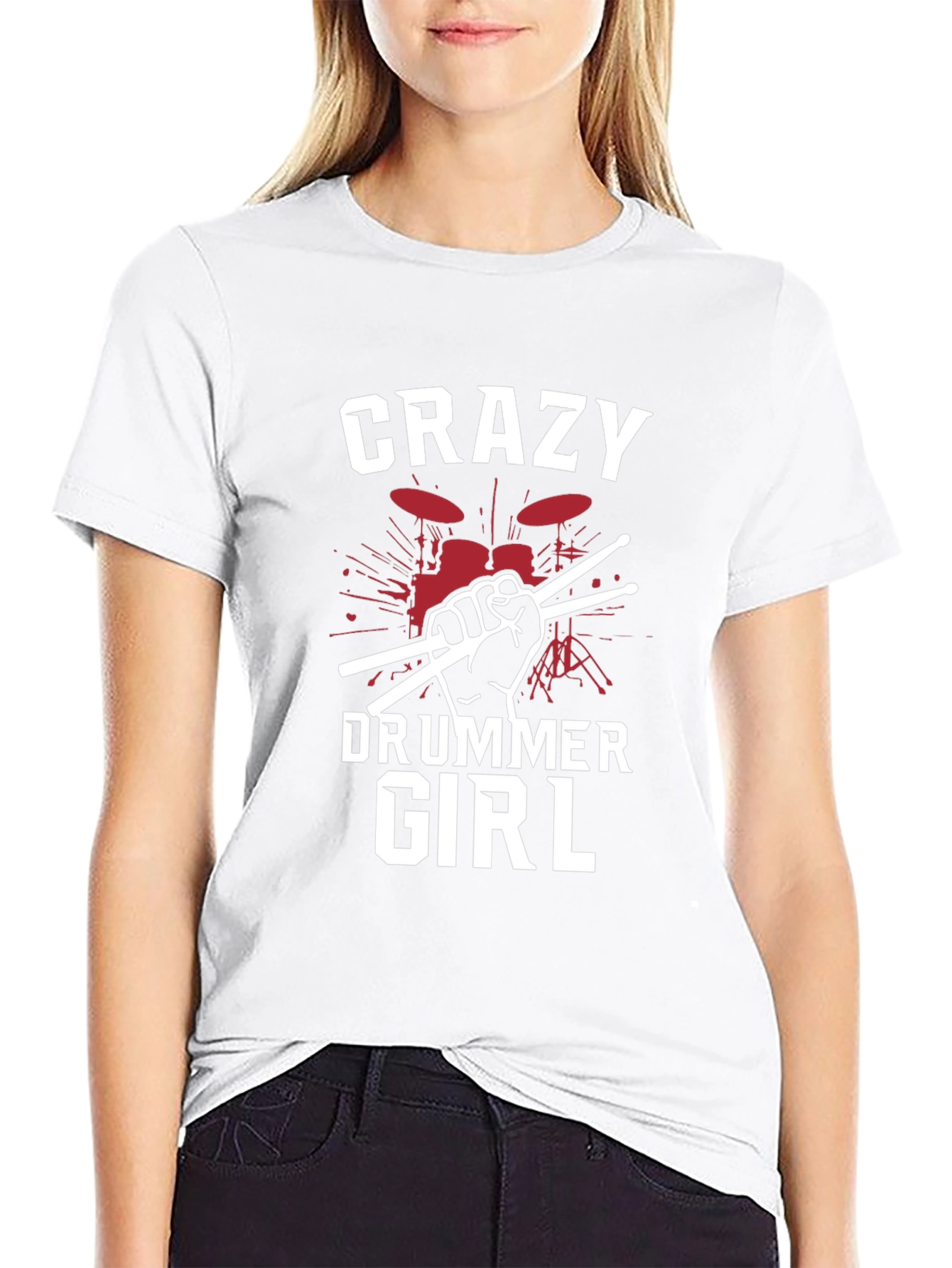 Crazy Drummer Girl Black T-Shirt