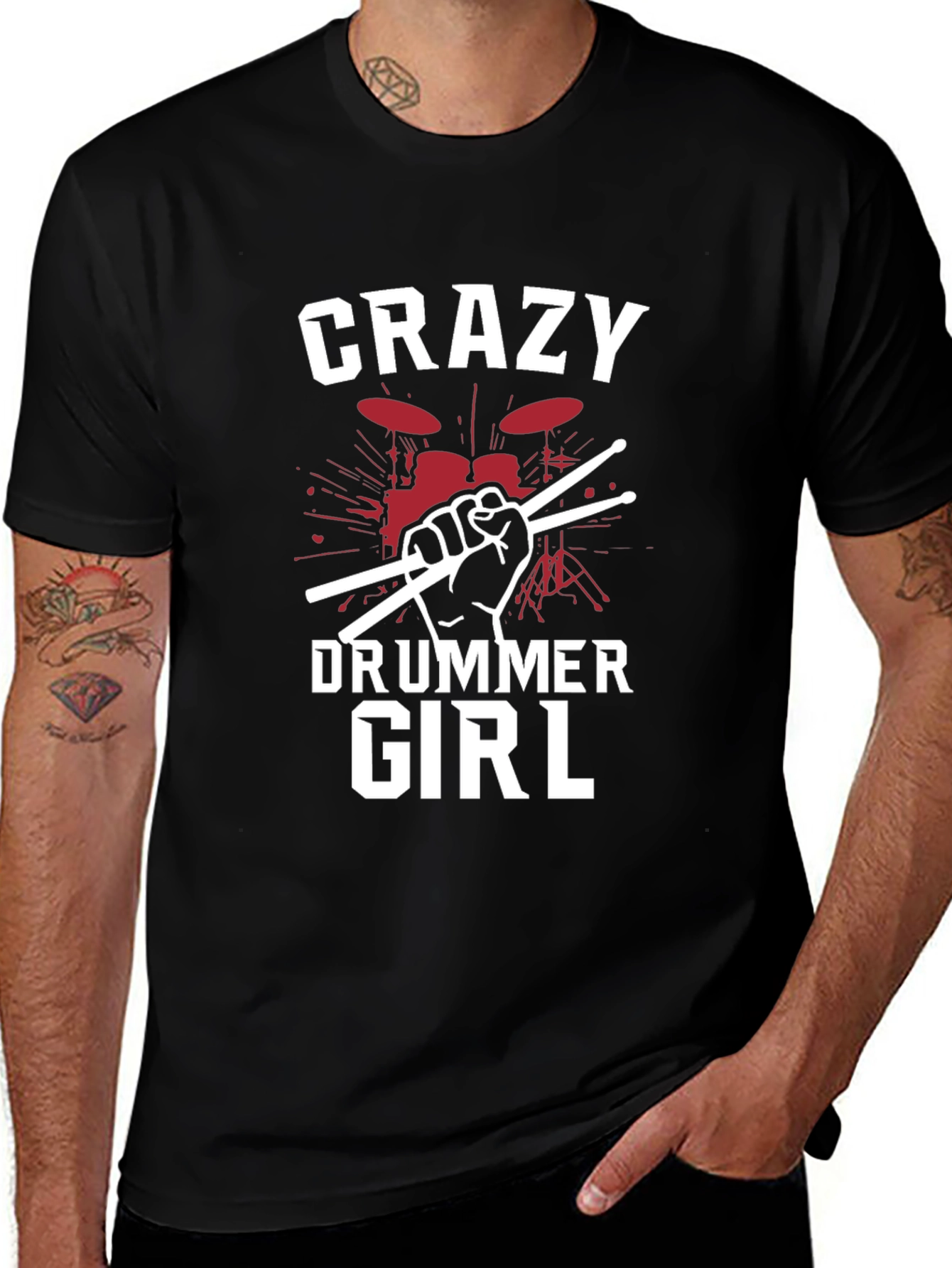 Crazy Drummer Girl Black T-Shirt