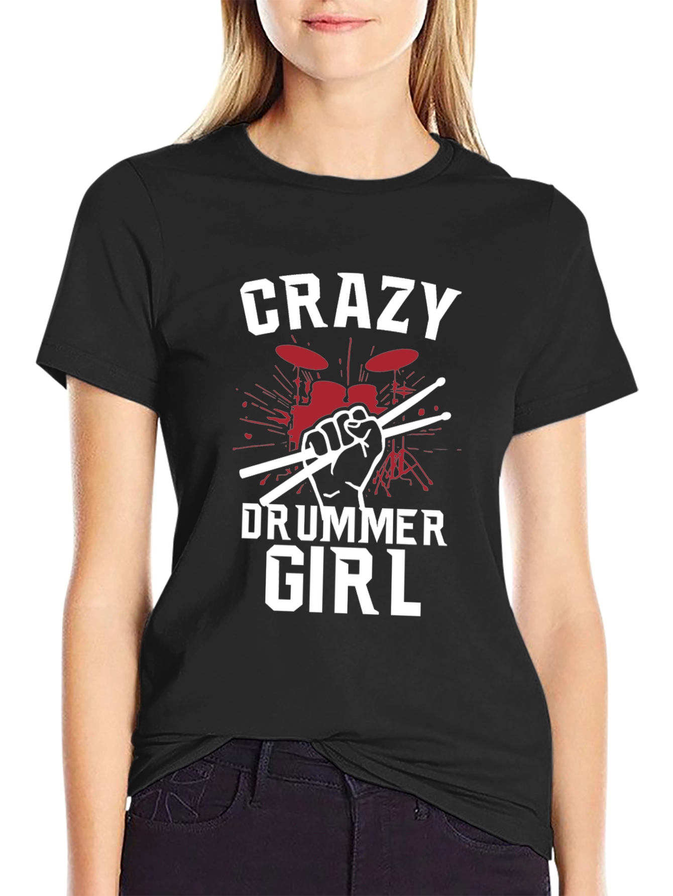 Crazy Drummer Girl Black T-Shirt