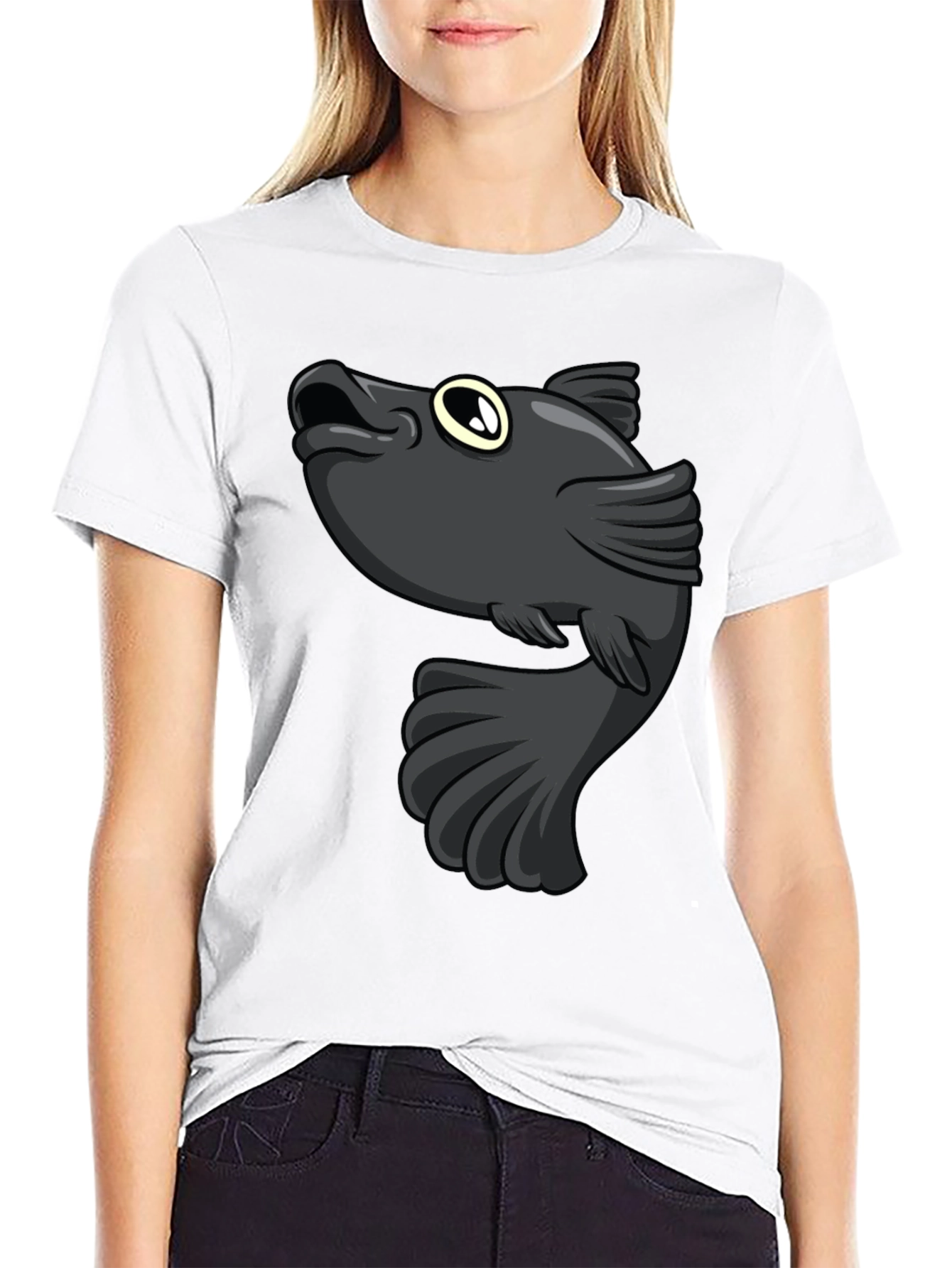 Cartoon Fish Graphic Print Black T-Shirt