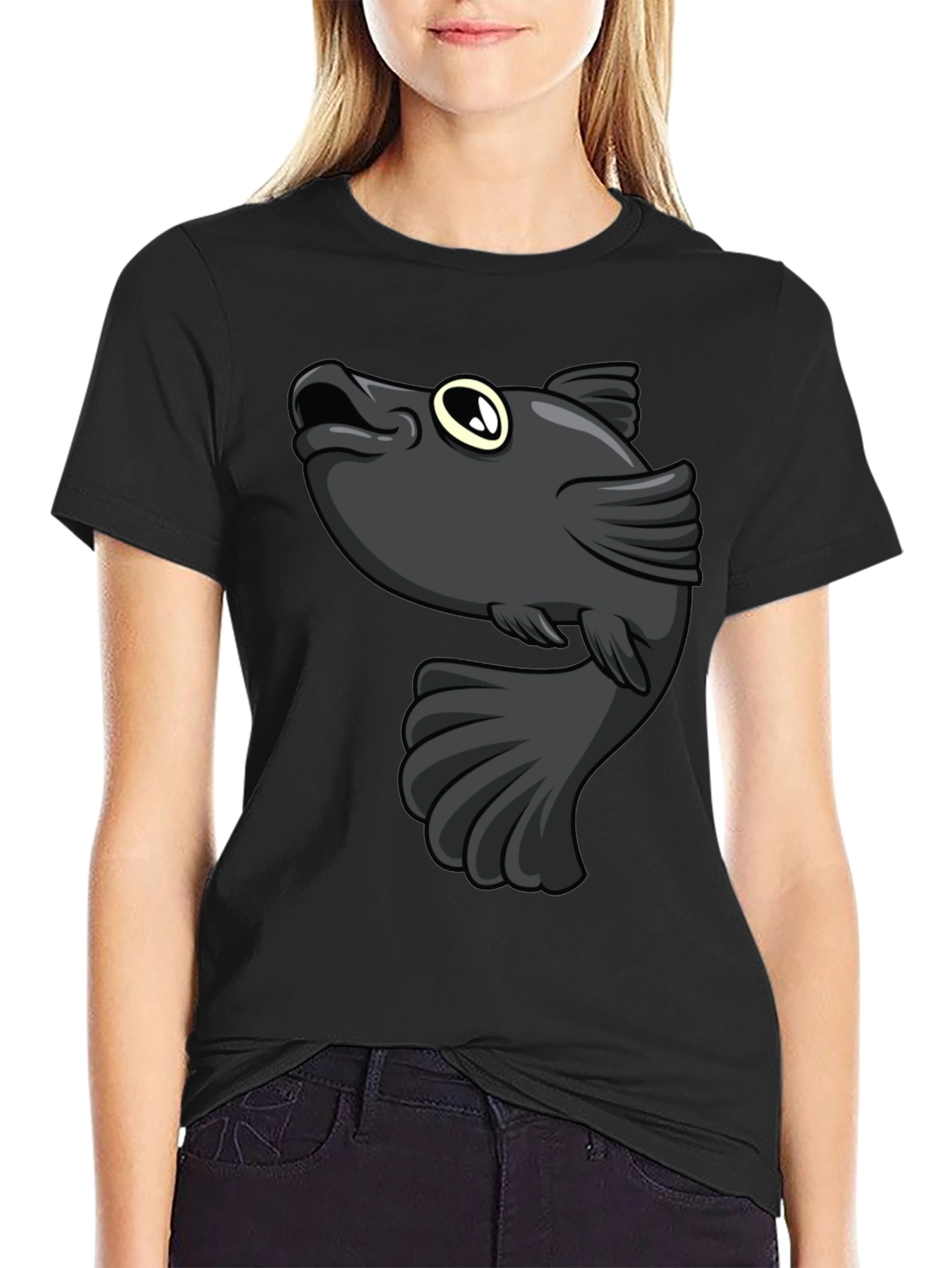 Cartoon Fish Graphic Print Black T-Shirt