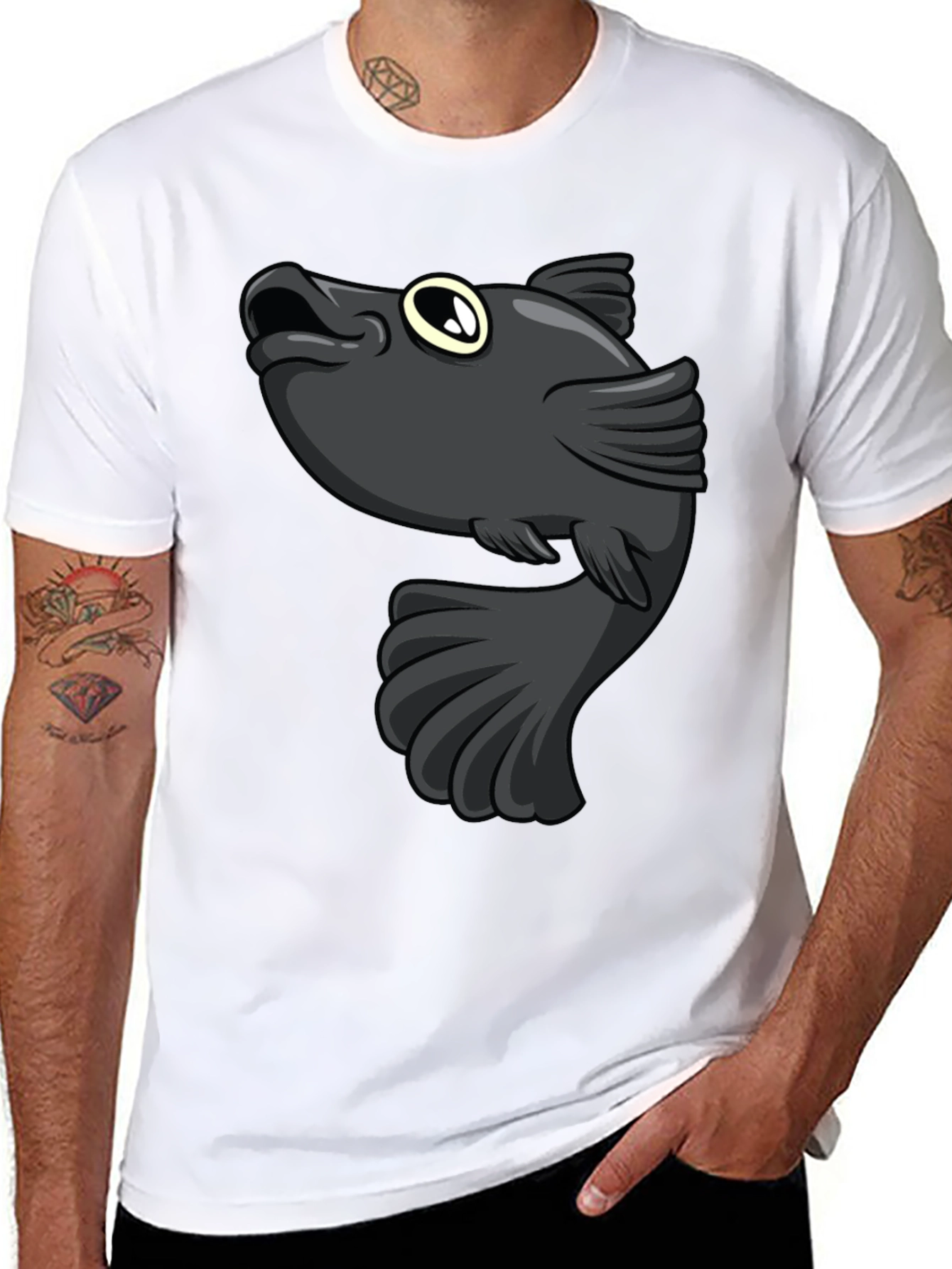 Cartoon Fish Graphic Print Black T-Shirt