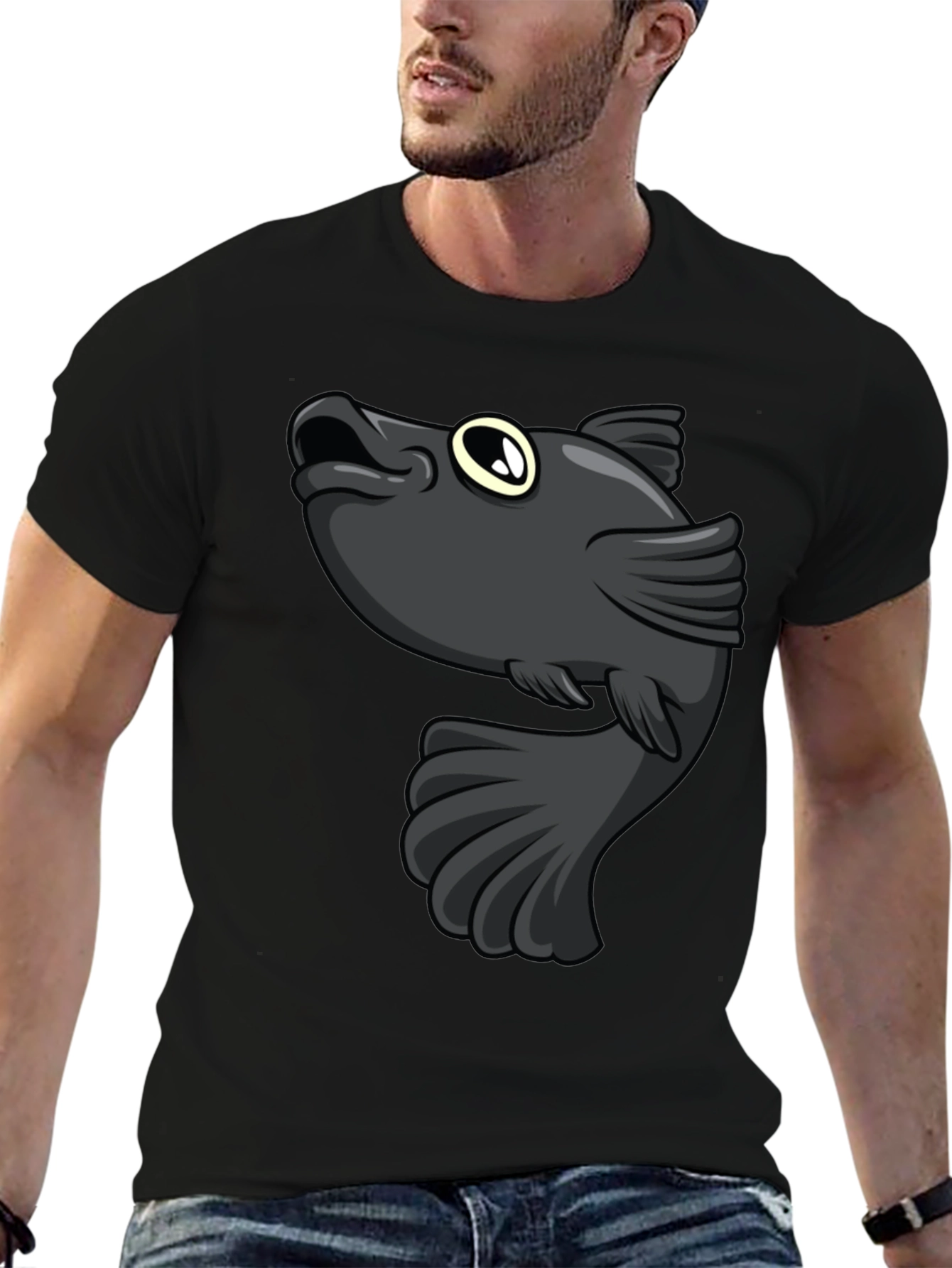 Cartoon Fish Graphic Print Black T-Shirt
