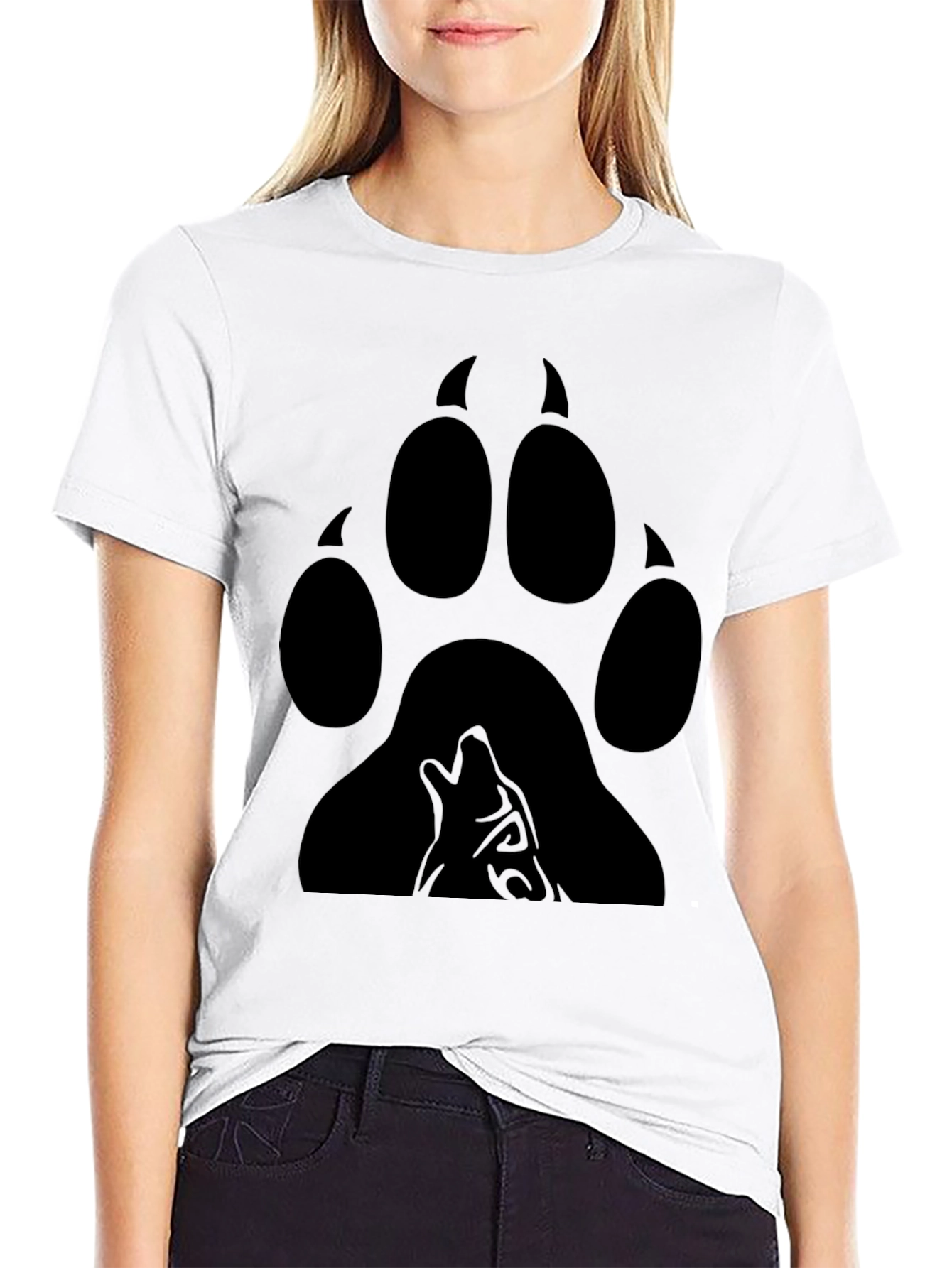 Wolf Paw Print Graphic Tee - Black Cotton Blend