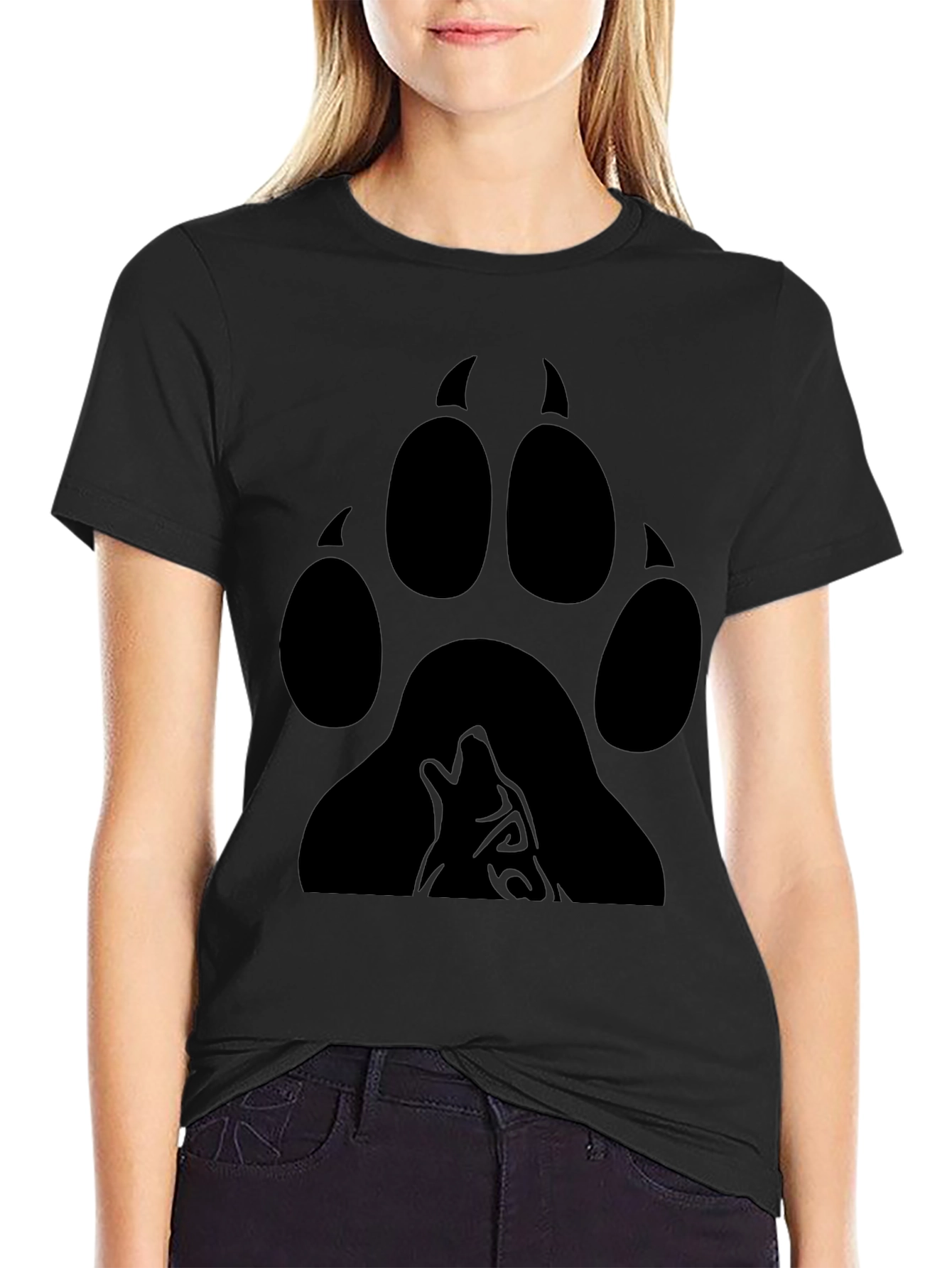 Wolf Paw Print Graphic Tee - Black Cotton Blend