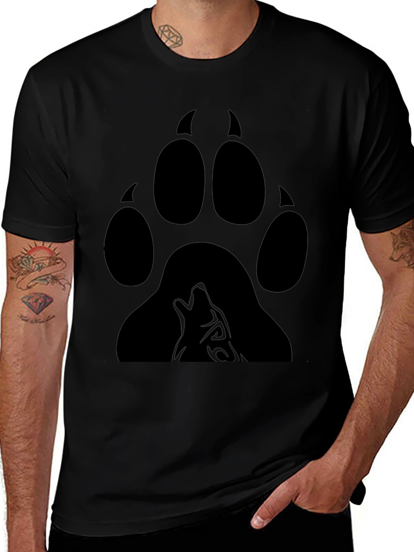 Wolf Paw Print Graphic Tee - Black Cotton Blend