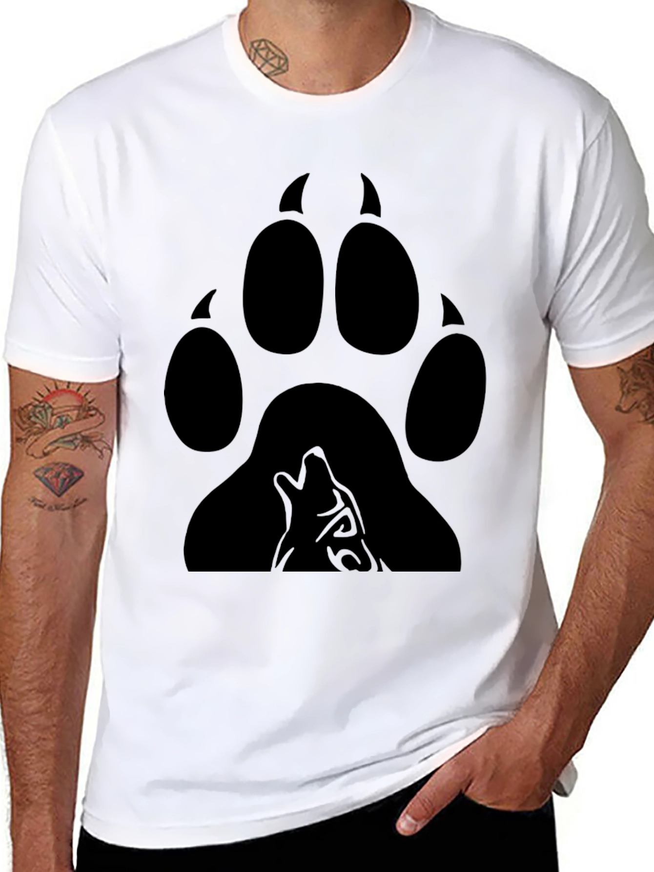 Wolf Paw Print Graphic Tee - Black Cotton Blend