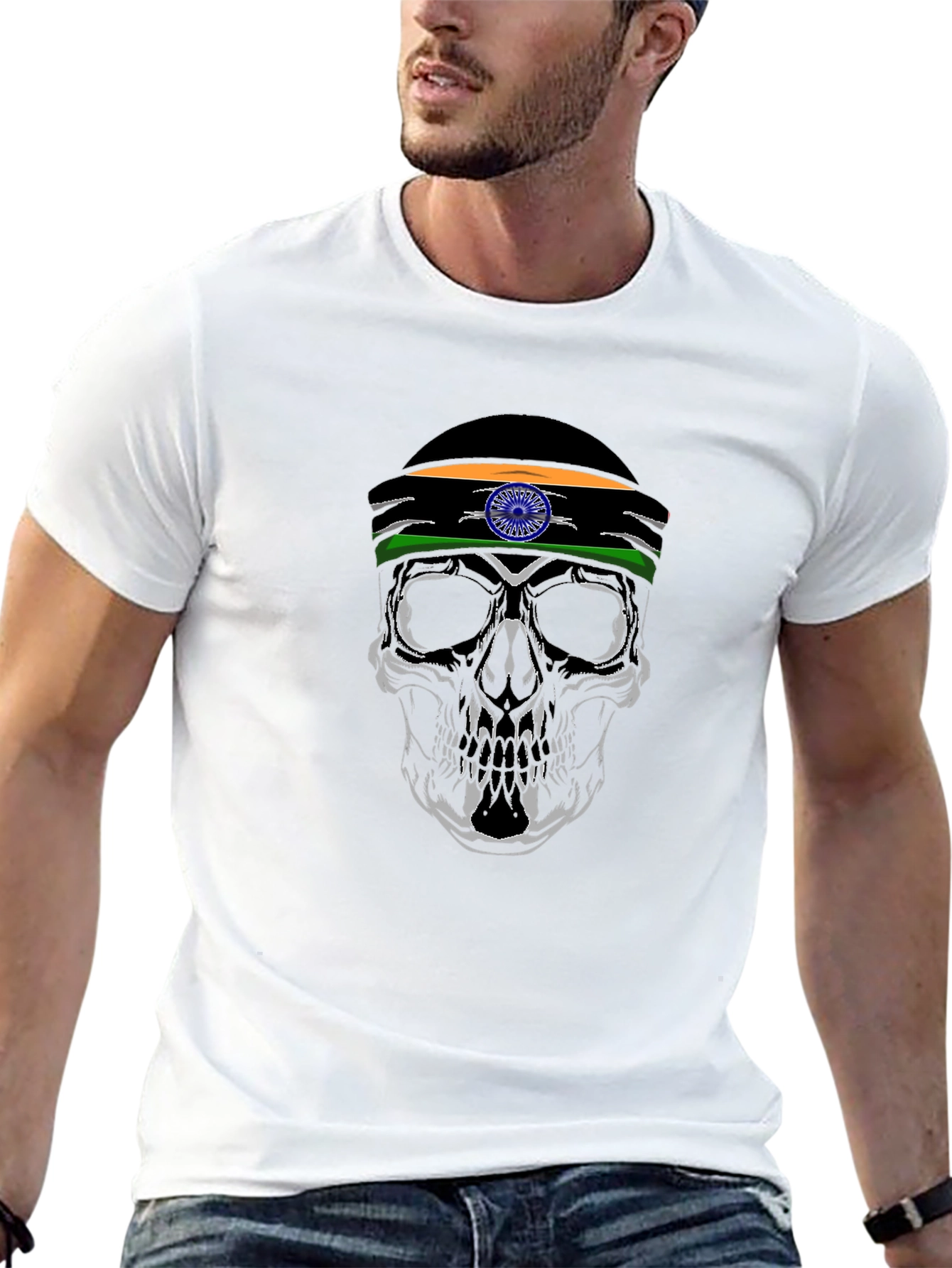 Skull with India Flag Headband - Graphic T-Shirt