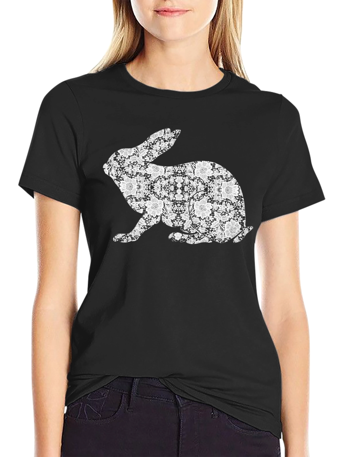 Black Floral Rabbit Graphic T-Shirt