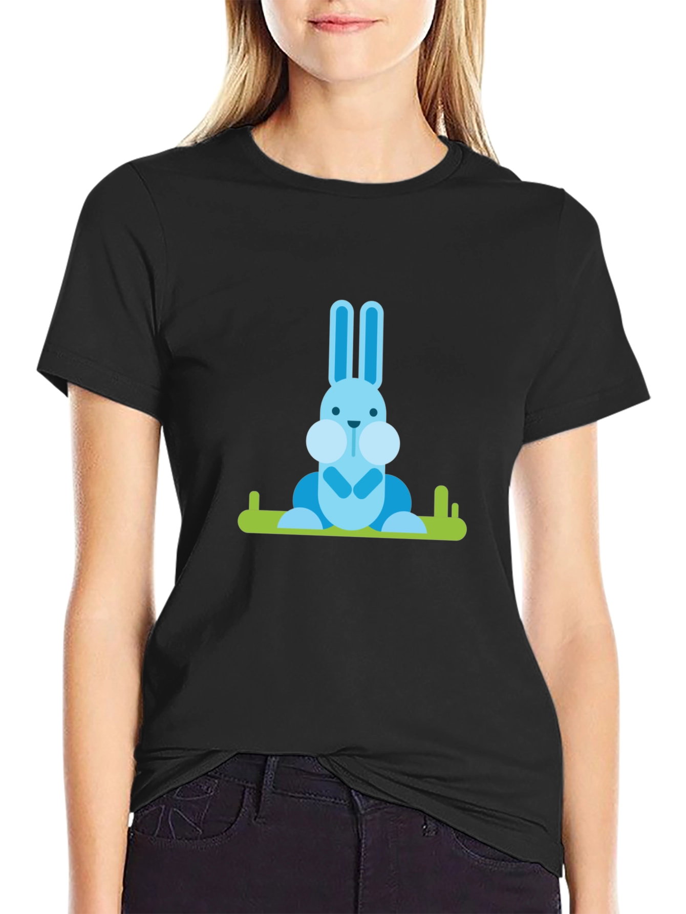 Blue Bunny Graphic Tee - Casual Black T-Shirt