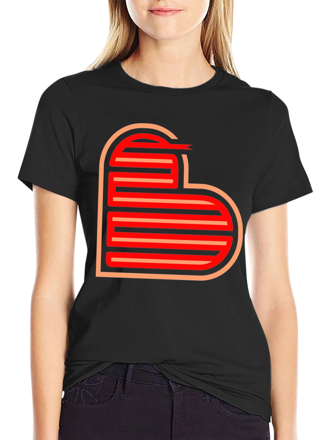 Retro Striped Heart Graphic Tee - Black