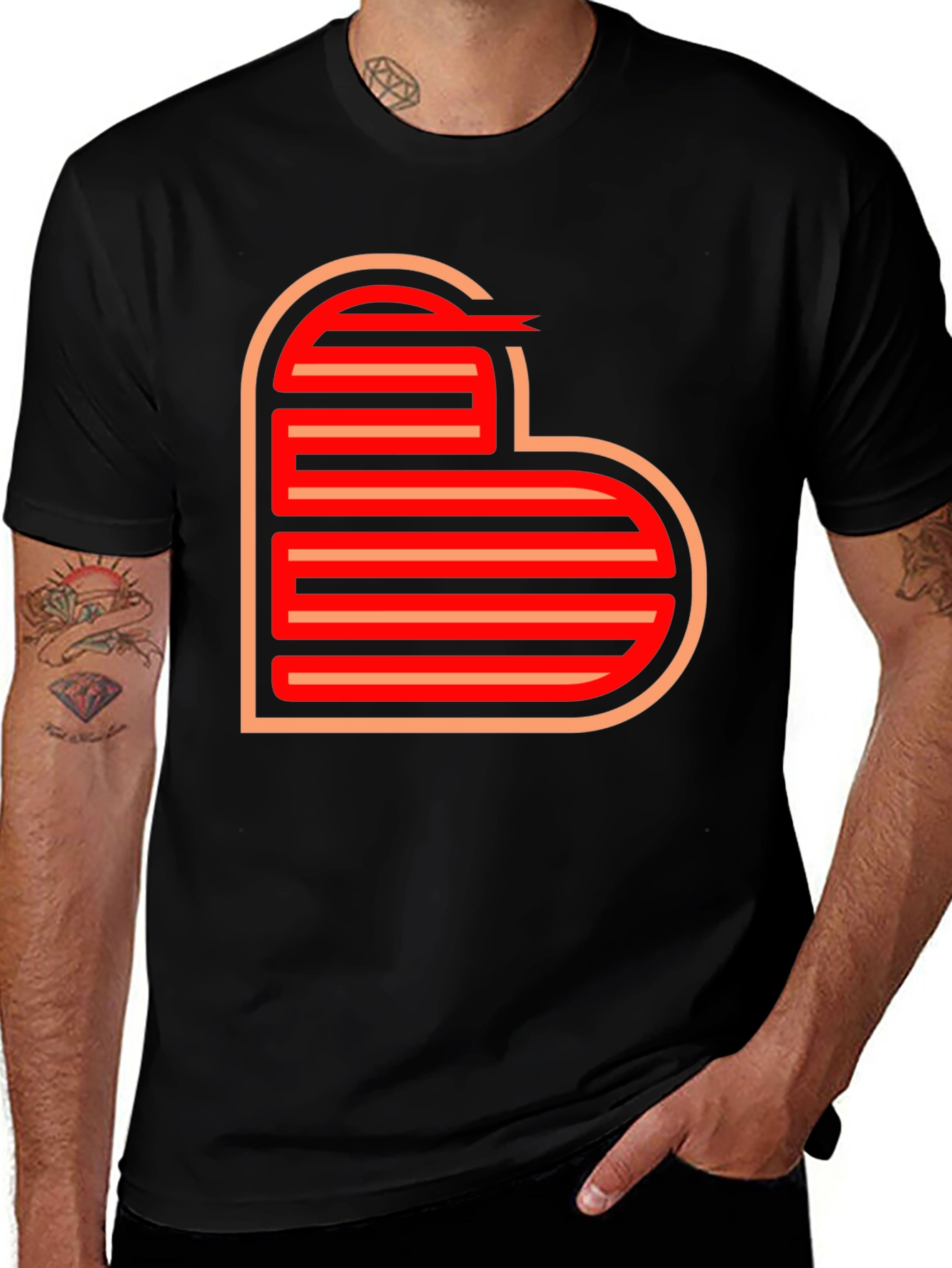Retro Striped Heart Graphic Tee - Black