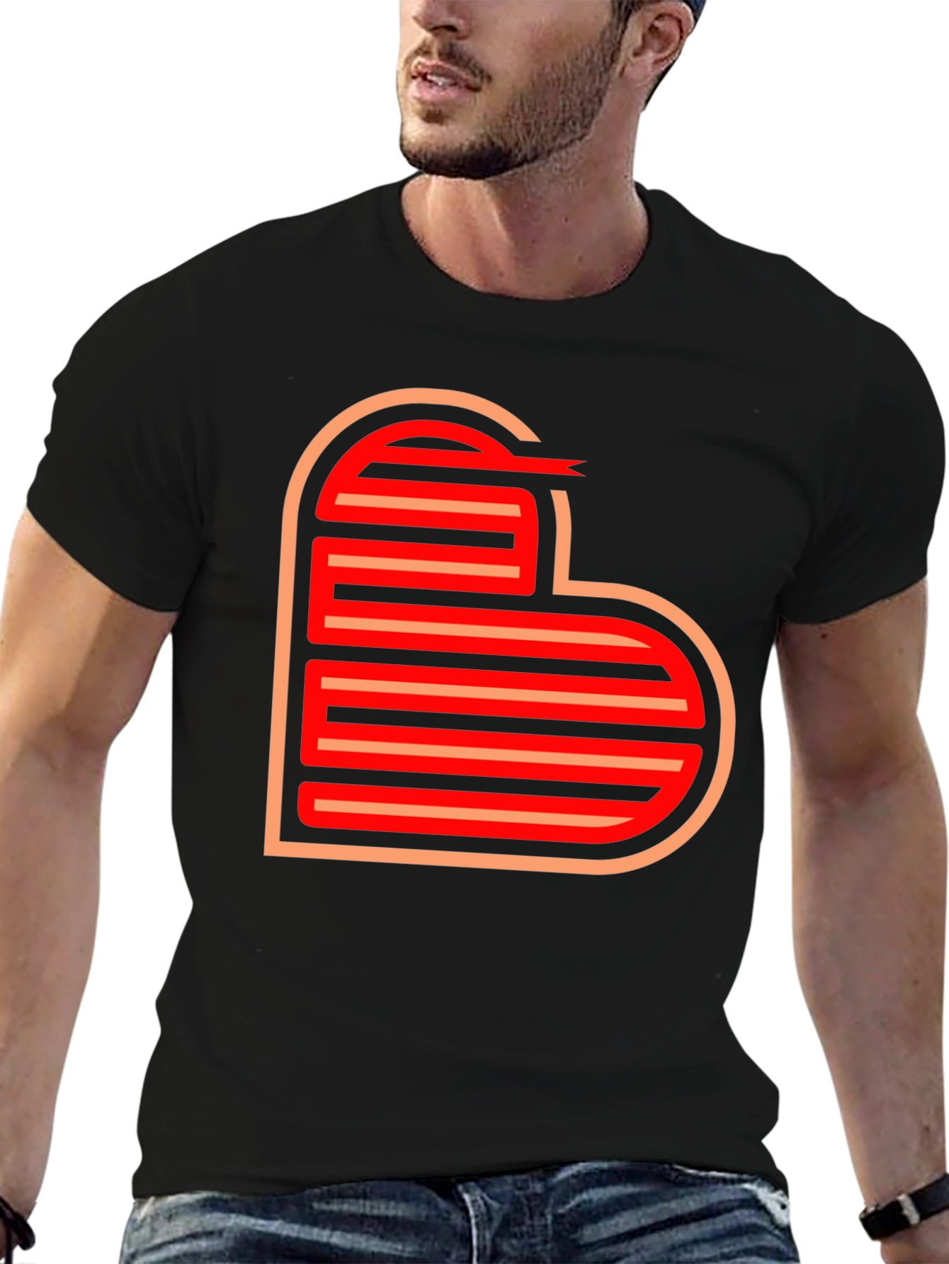 Retro Striped Heart Graphic Tee - Black