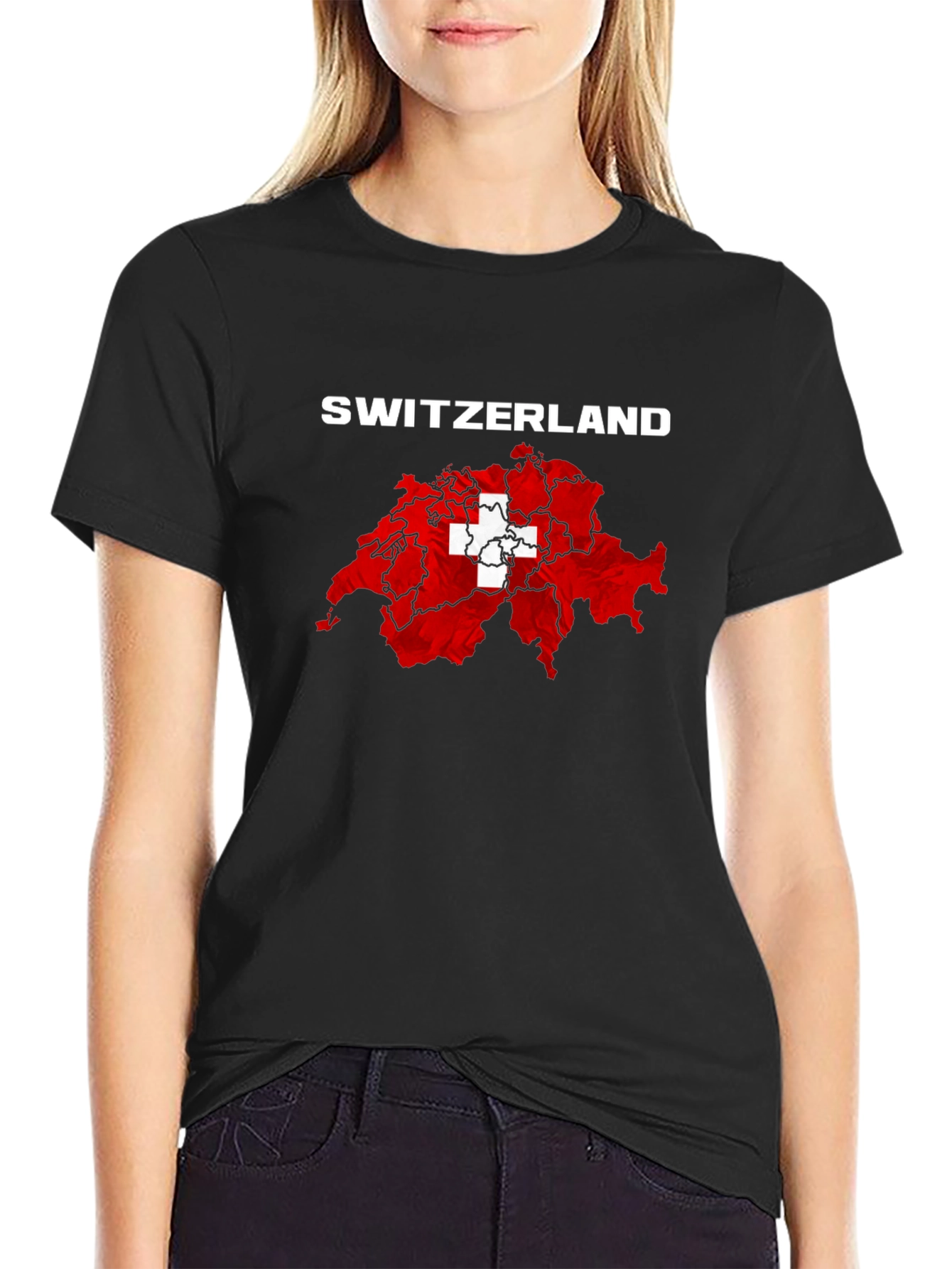 Switzerland Flag Map T-Shirt - Black