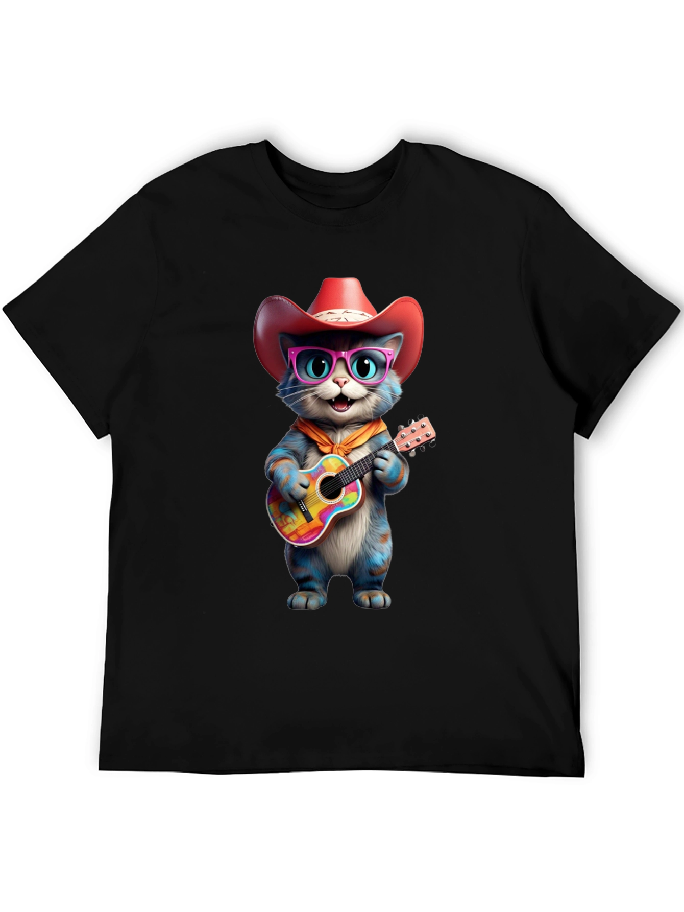 Cool Cat Cowboy T-Shirt: Blue Cat Plays Guitar