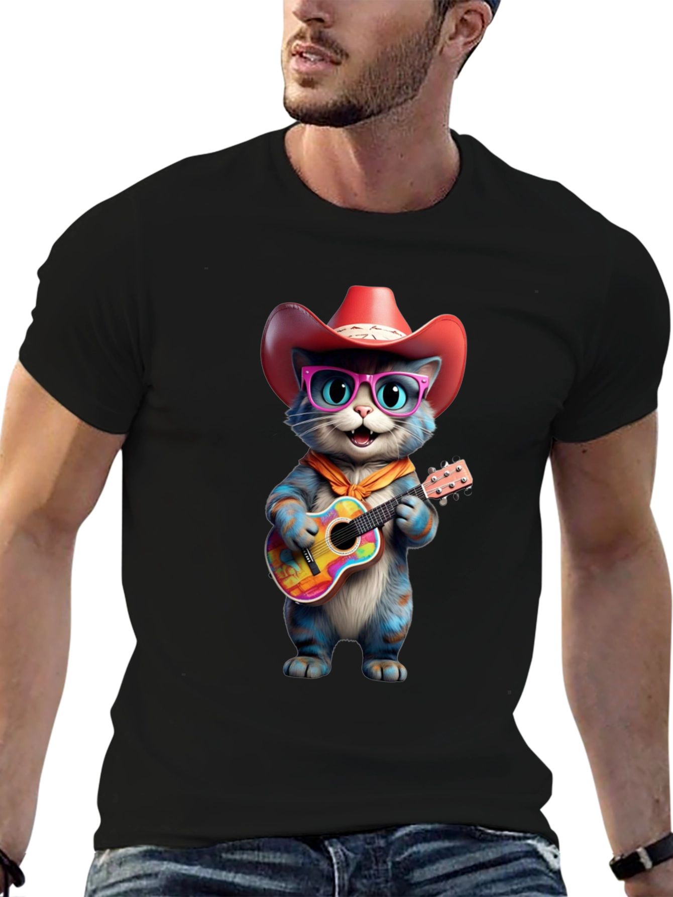Cool Cat Cowboy T-Shirt: Blue Cat Plays Guitar
