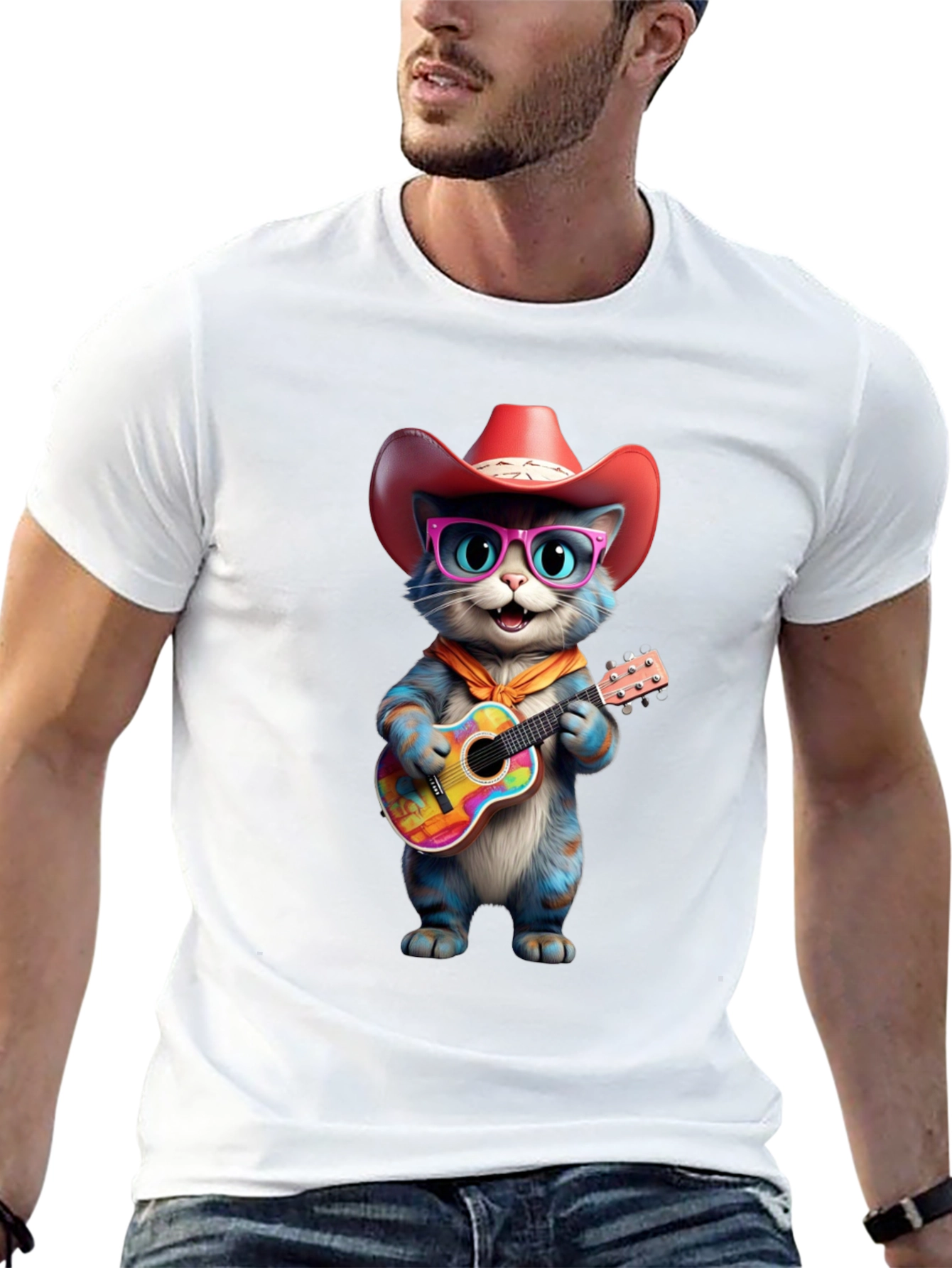 Cool Cat Cowboy T-Shirt: Blue Cat Plays Guitar