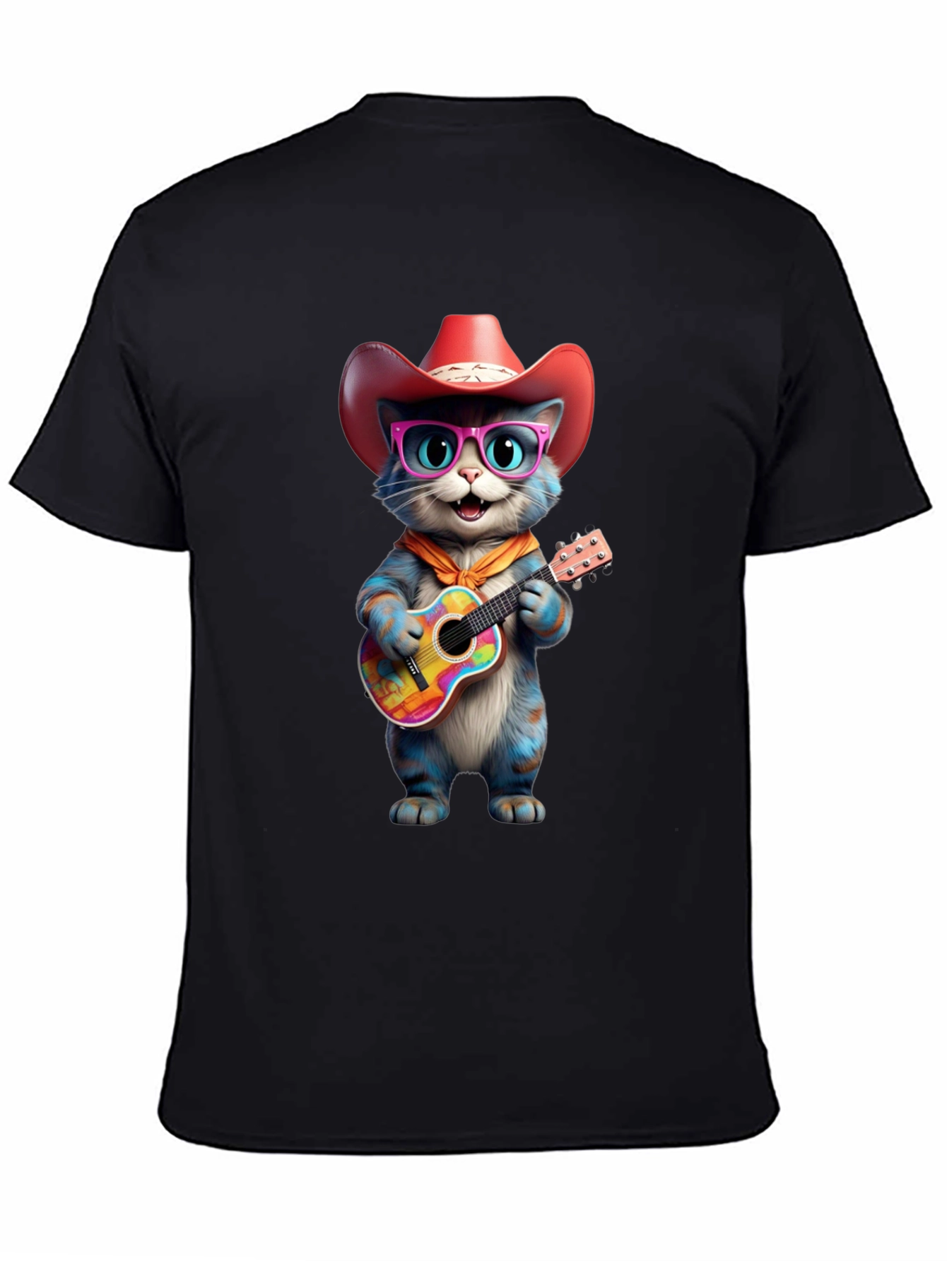 Cool Cat Cowboy T-Shirt: Blue Cat Plays Guitar