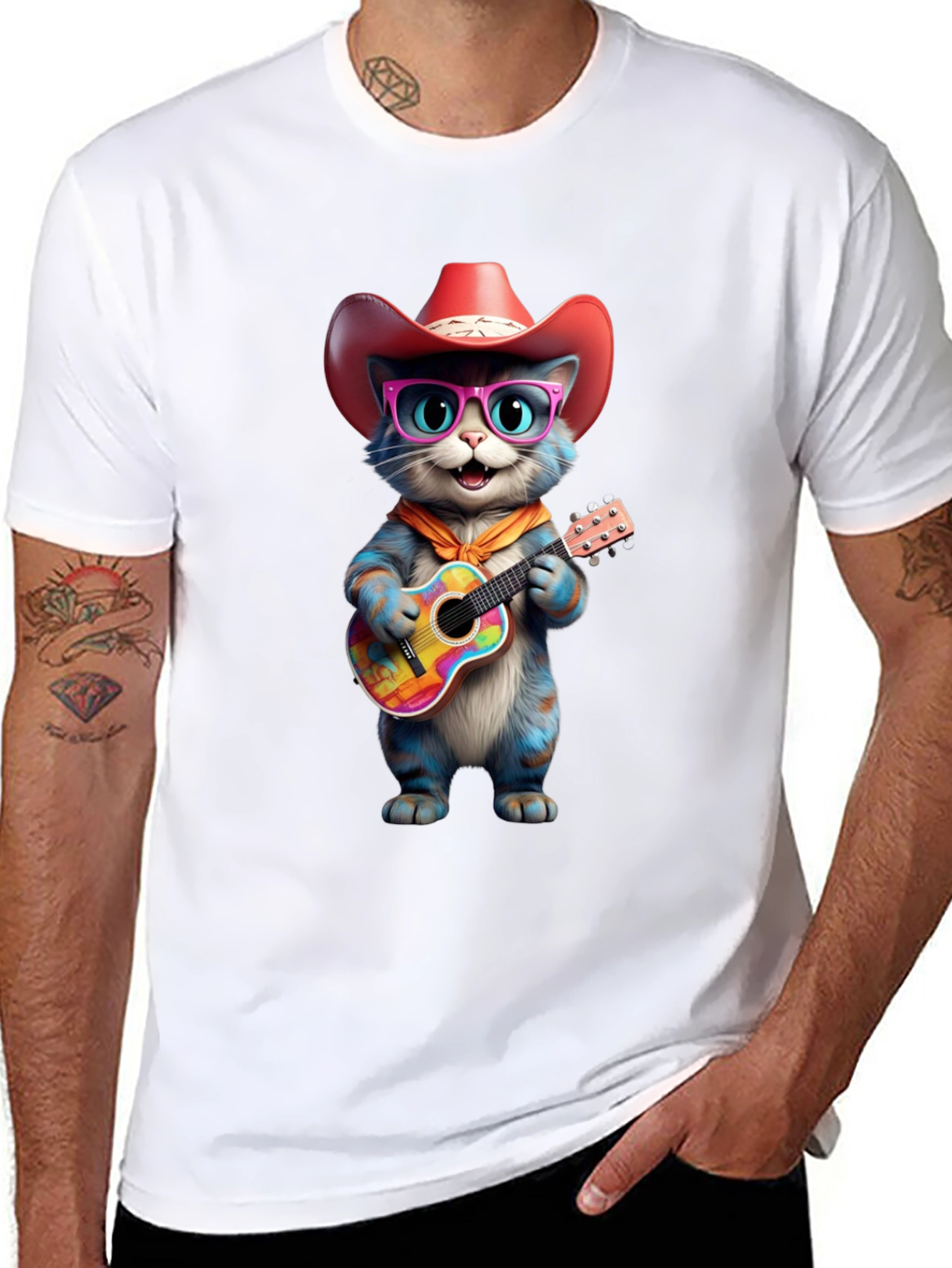 Cool Cat Cowboy T-Shirt: Blue Cat Plays Guitar