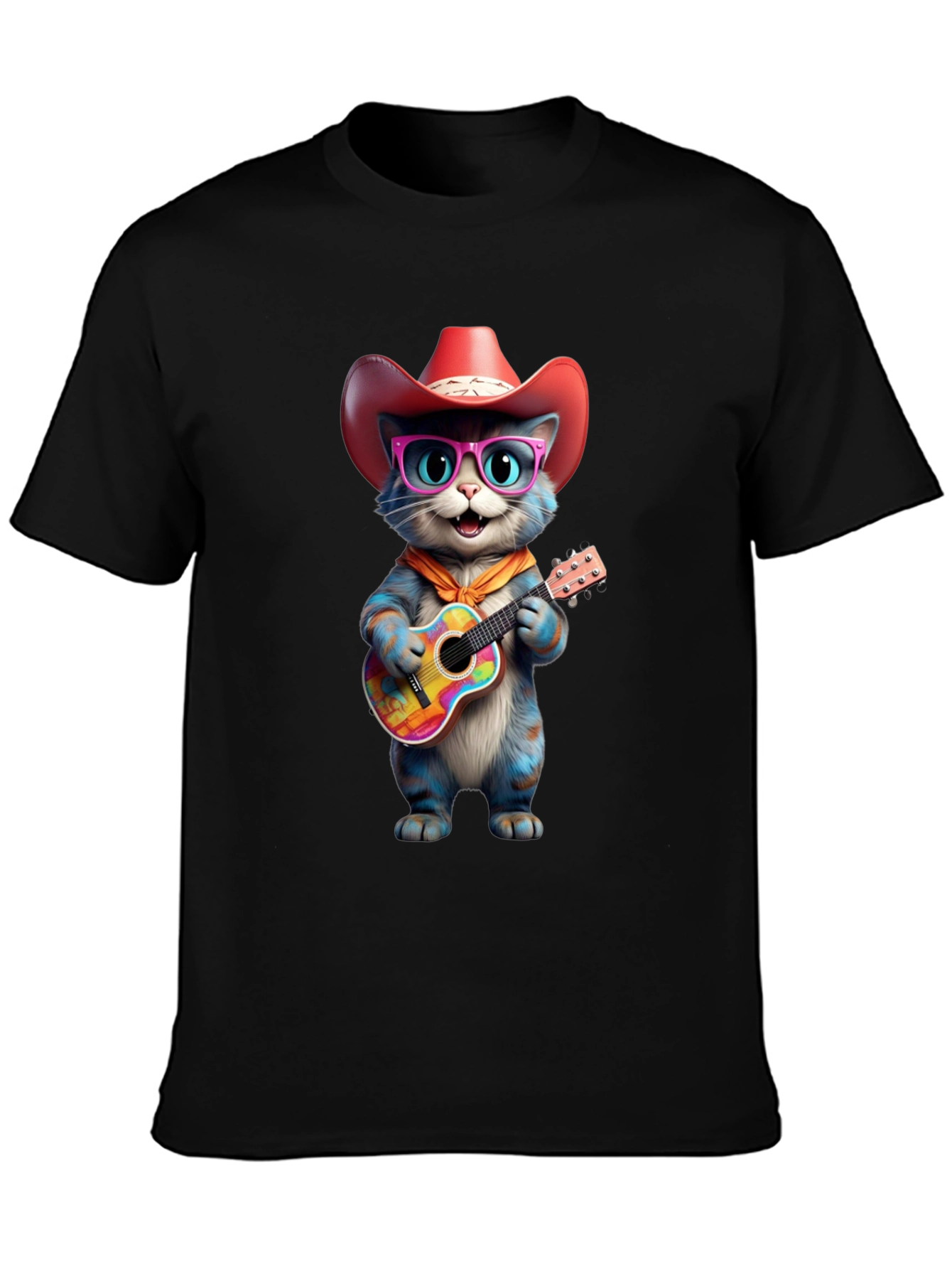 Cool Cat Cowboy T-Shirt: Blue Cat Plays Guitar