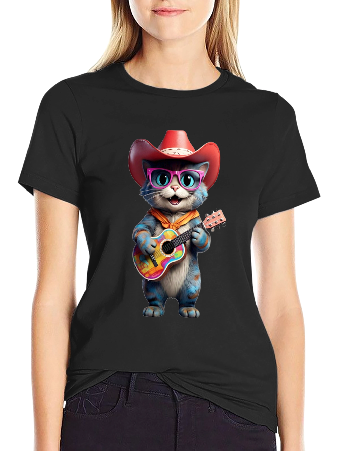 Cool Cat Cowboy T-Shirt: Blue Cat Plays Guitar