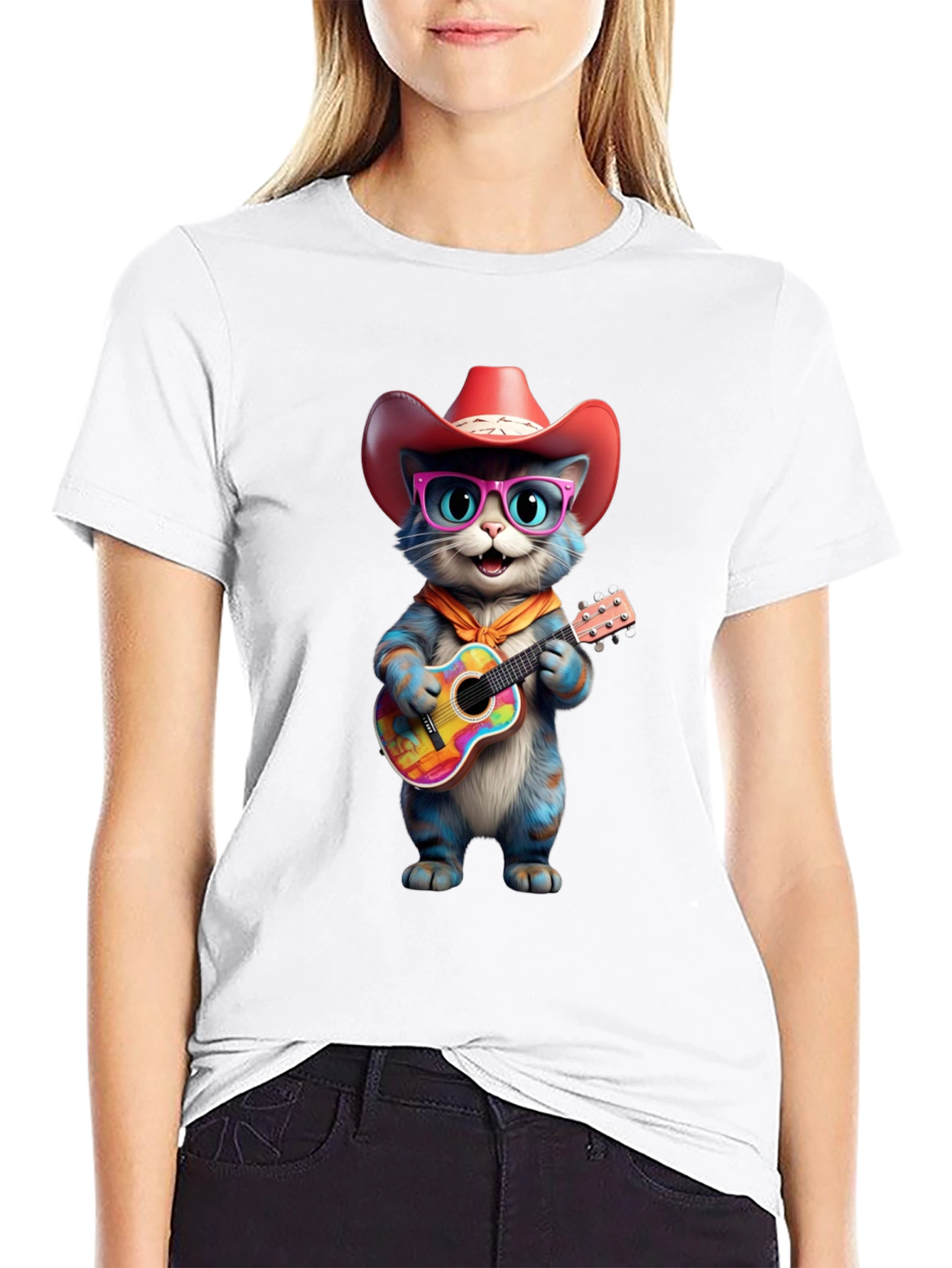 Cool Cat Cowboy T-Shirt: Blue Cat Plays Guitar