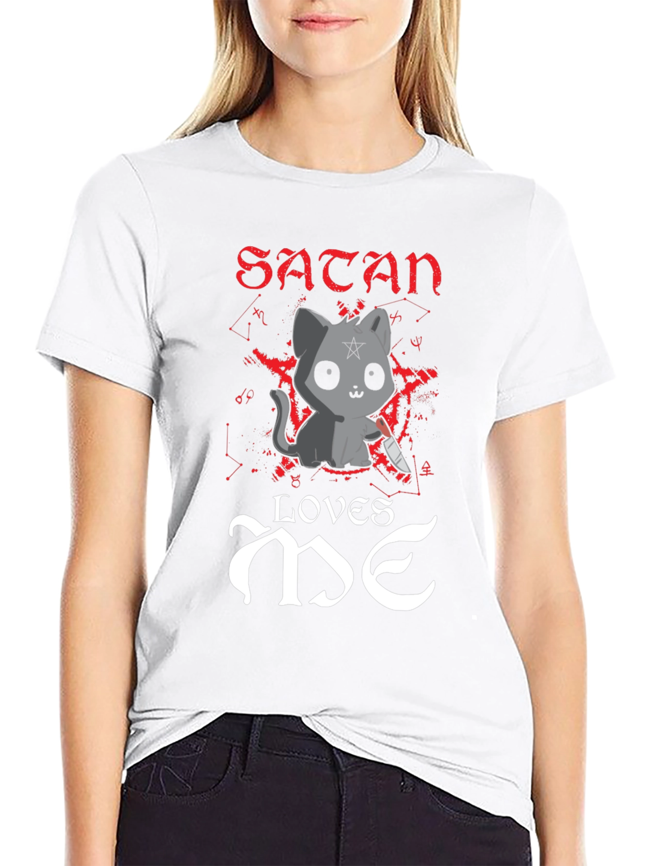 Satan Loves Me T-Shirt - Cute Cat with Knife