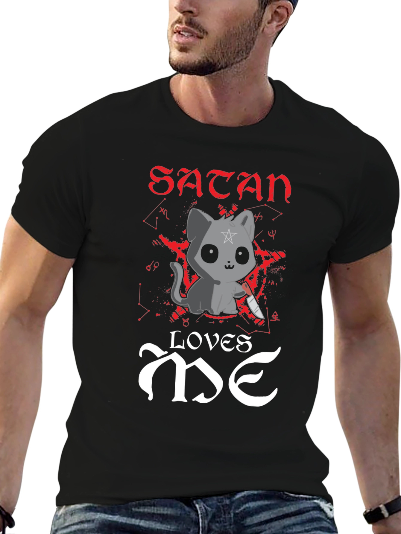 Satan Loves Me T-Shirt - Cute Cat with Knife