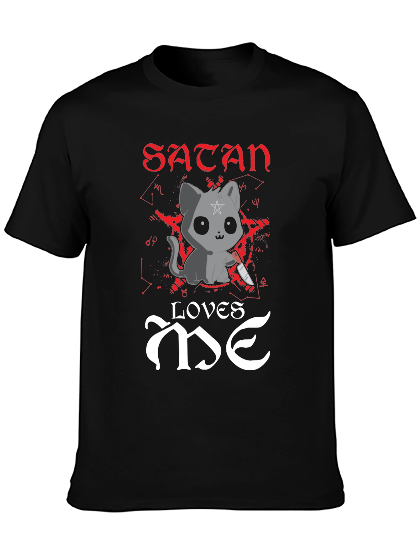 Satan Loves Me T-Shirt - Cute Cat with Knife
