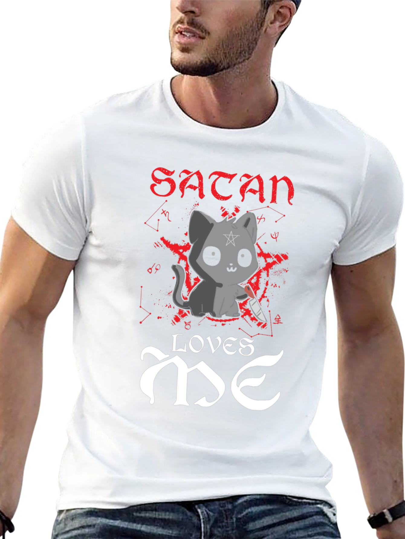 Satan Loves Me T-Shirt - Cute Cat with Knife
