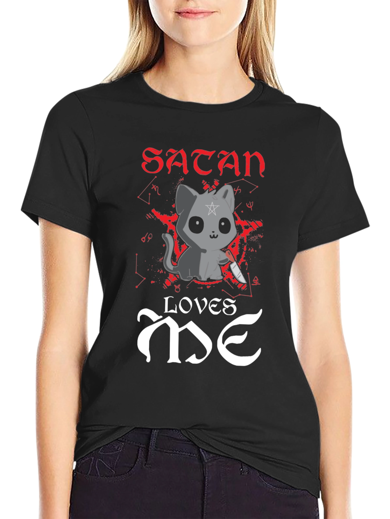 Satan Loves Me T-Shirt - Cute Cat with Knife