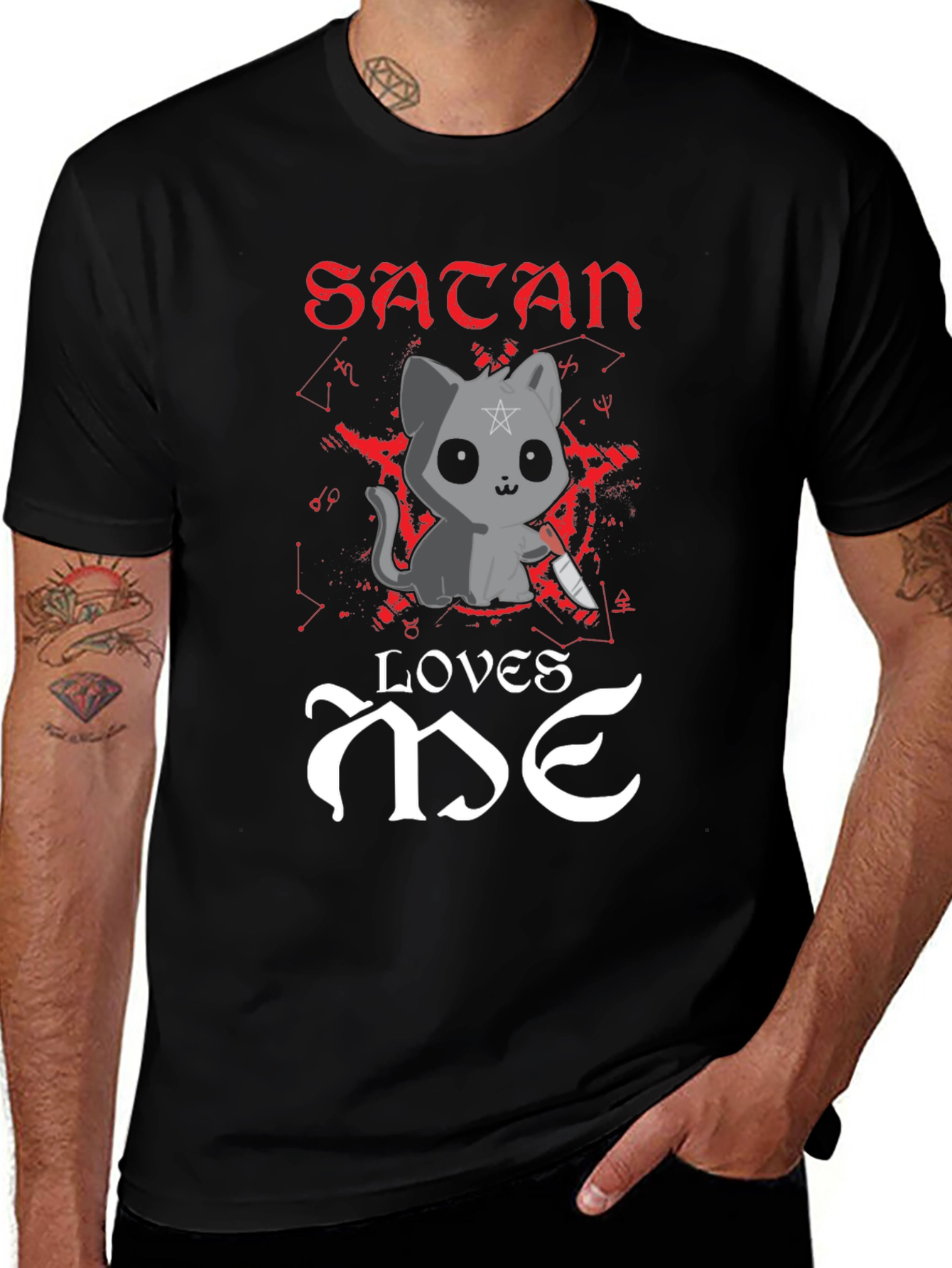 Satan Loves Me T-Shirt - Cute Cat with Knife
