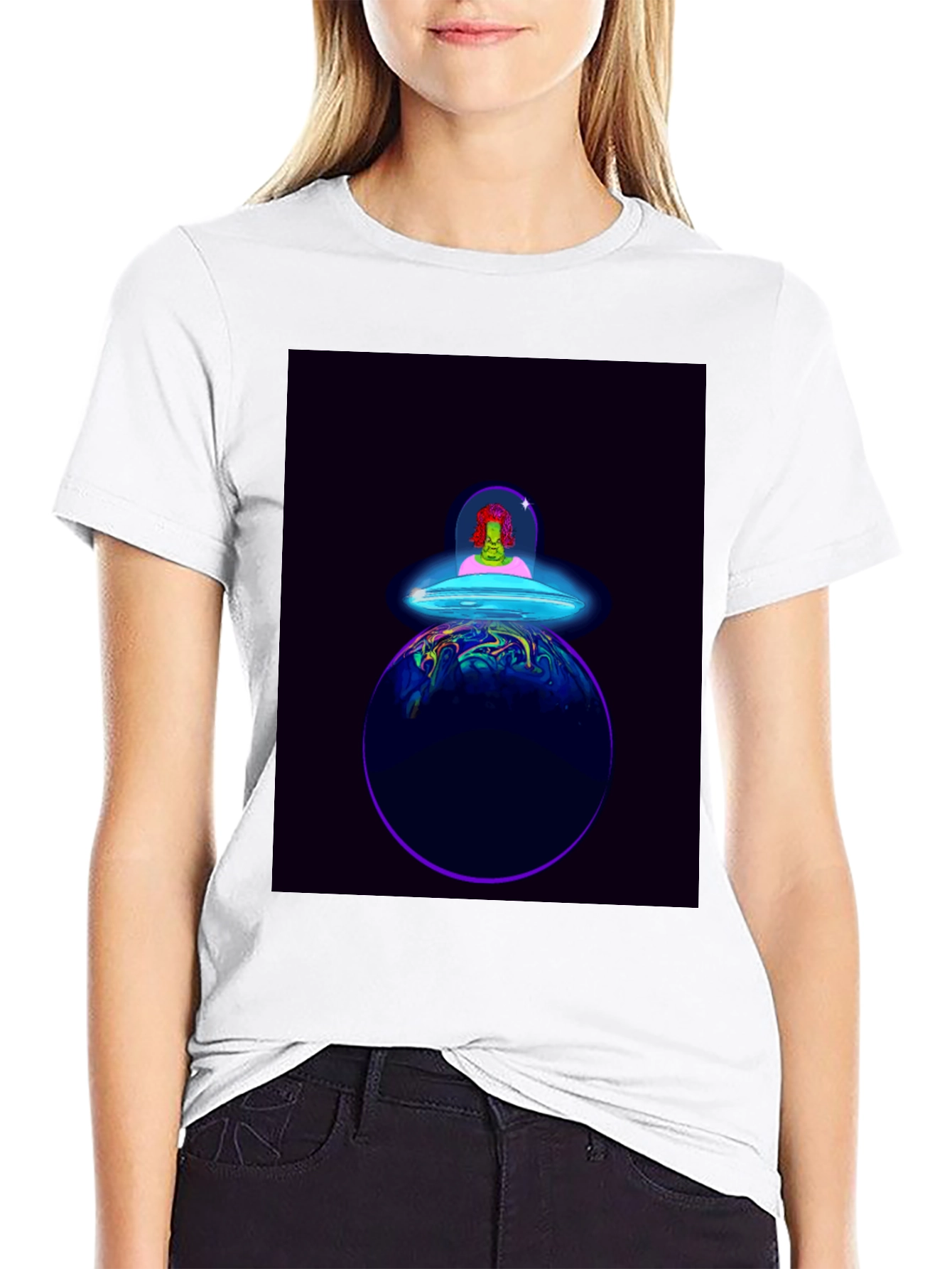 Alien Spaceship Graphic Tee - Black Cotton T-Shirt