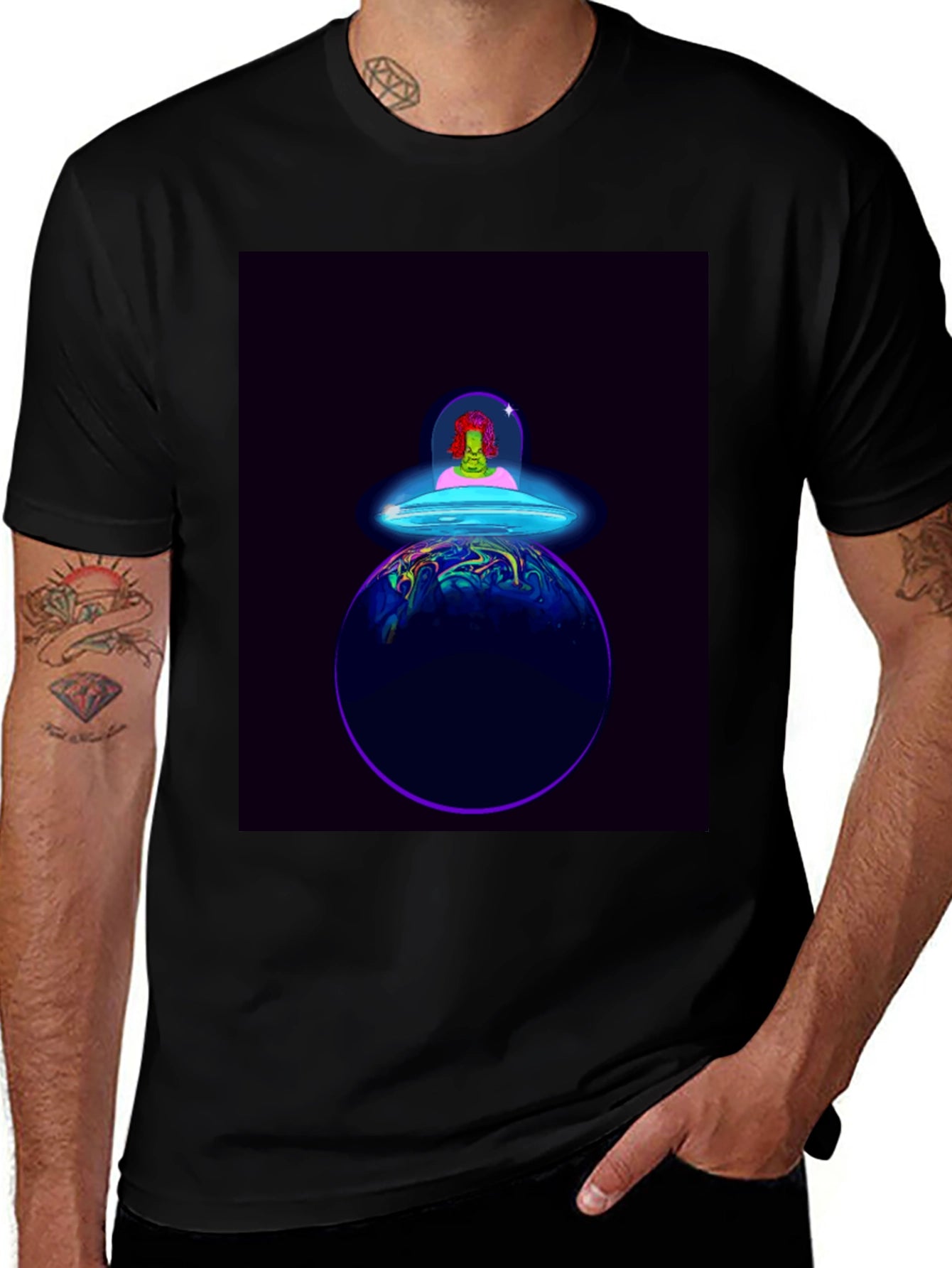 Alien Spaceship Graphic Tee - Black Cotton T-Shirt