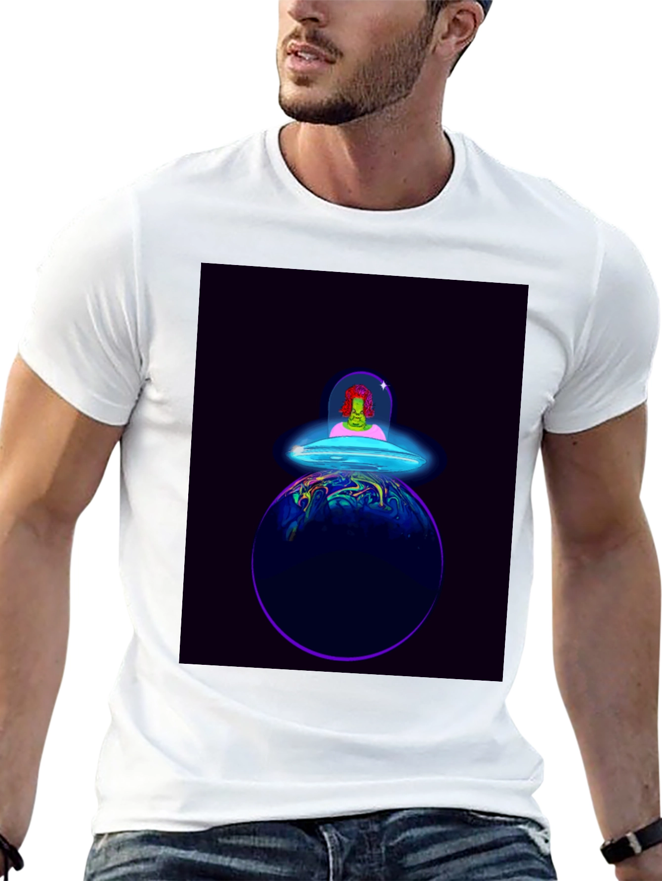 Alien Spaceship Graphic Tee - Black Cotton T-Shirt