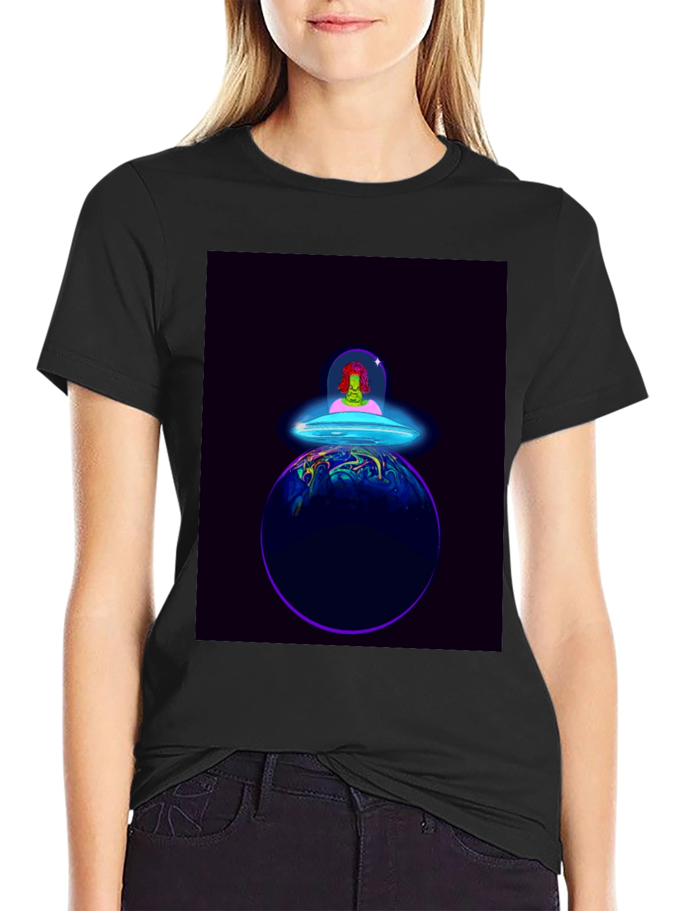 Alien Spaceship Graphic Tee - Black Cotton T-Shirt
