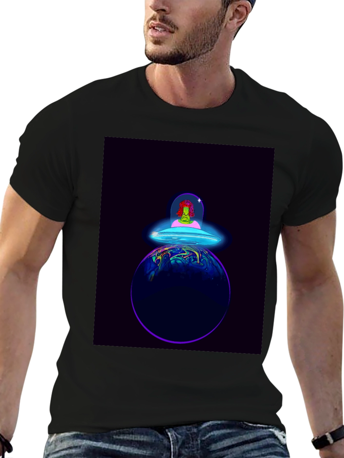 Alien Spaceship Graphic Tee - Black Cotton T-Shirt