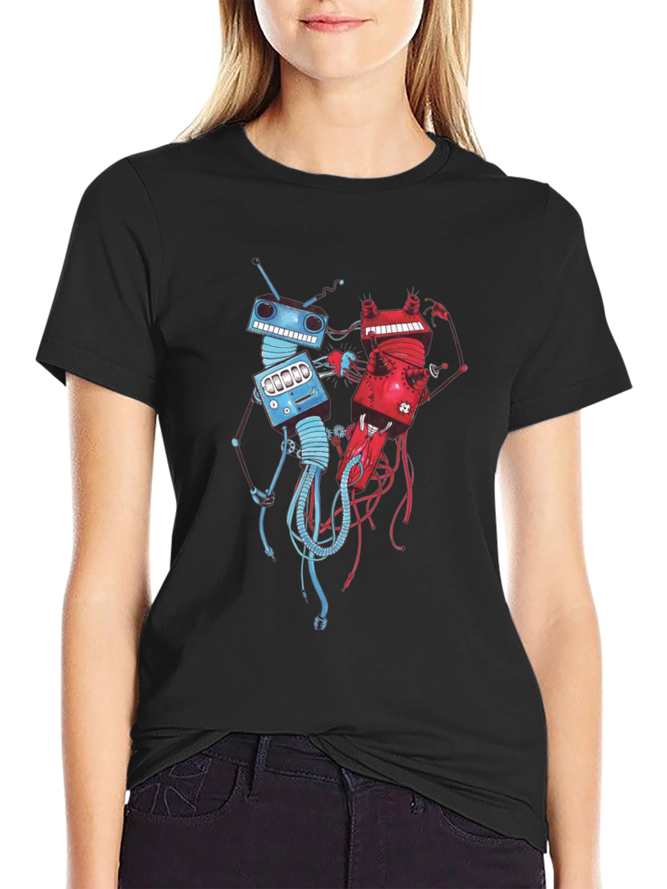 Robots Fighting Black T-Shirt