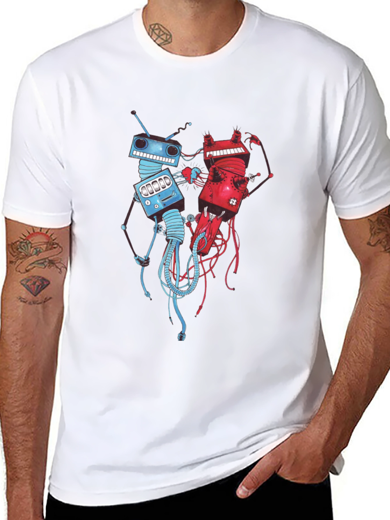 Robots Fighting Black T-Shirt