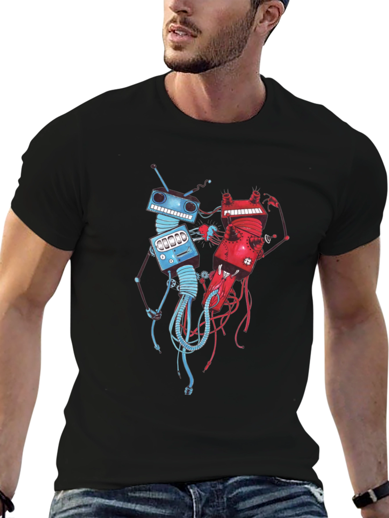 Robots Fighting Black T-Shirt