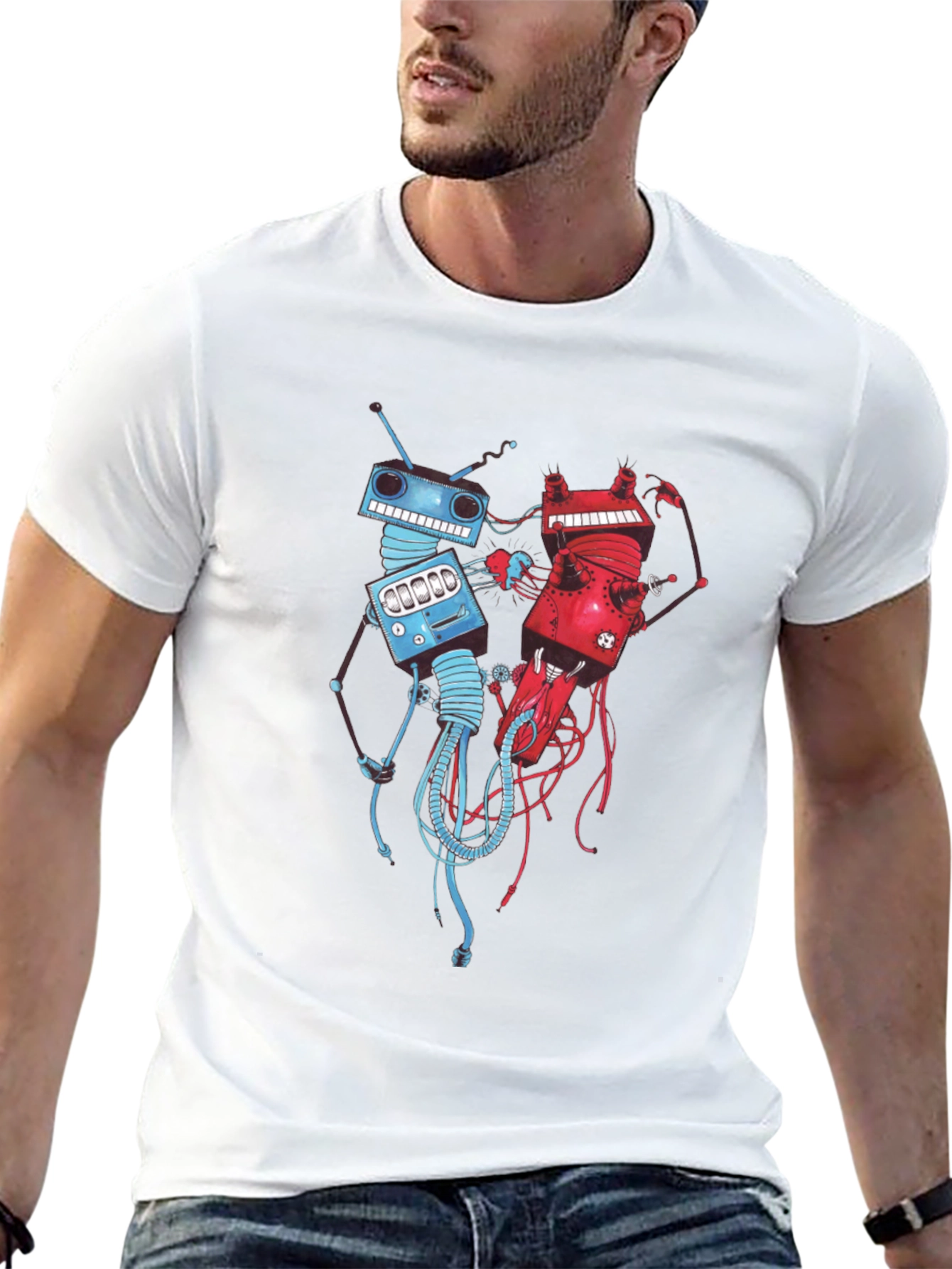 Robots Fighting Black T-Shirt